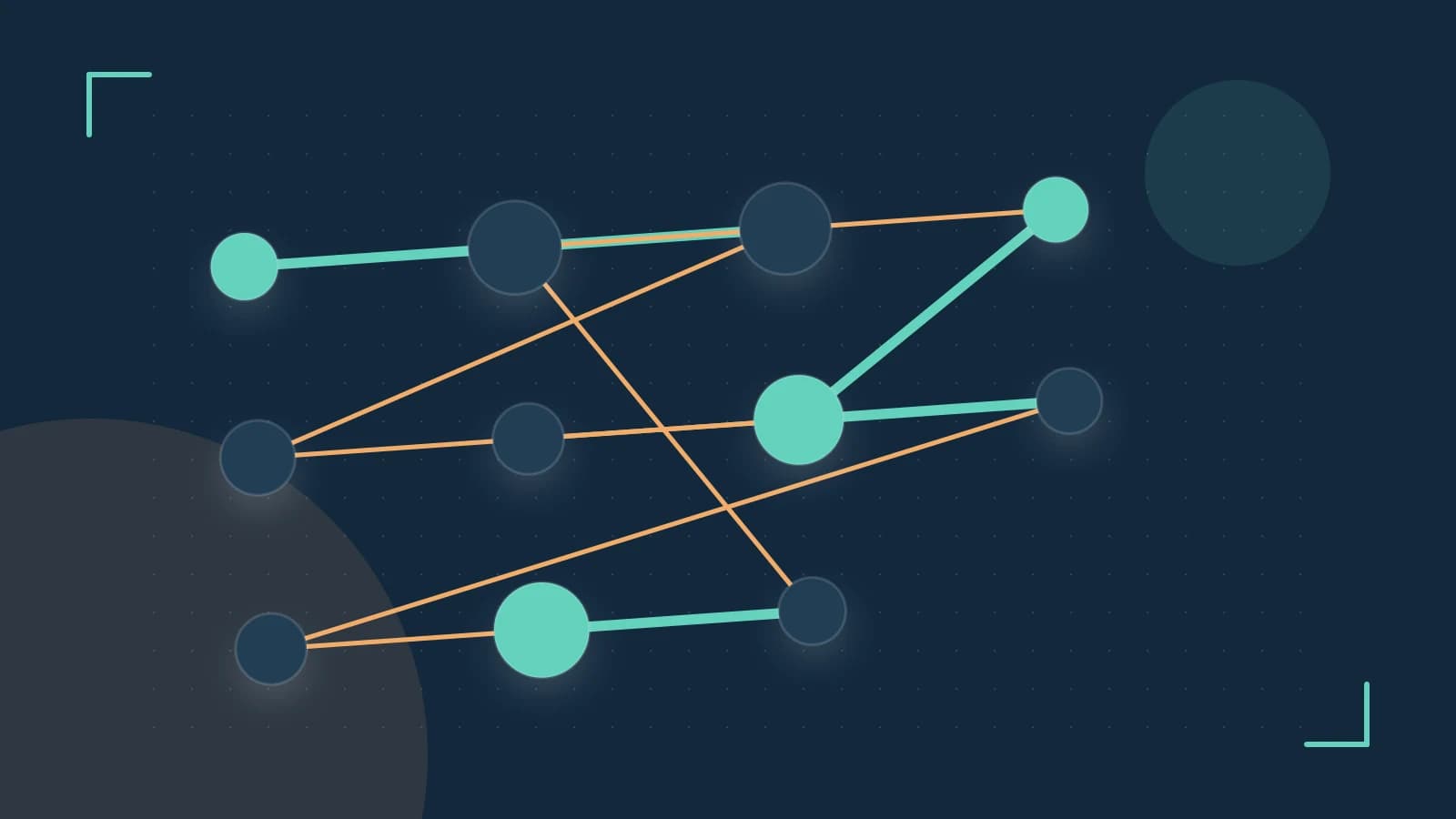 Editorial illustration of an algorithmic node graph with branching paths and a highlighted result