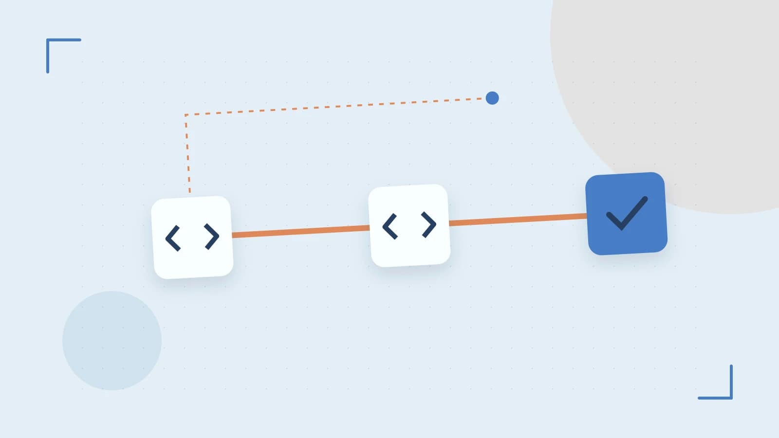 Editorial illustration of a branching build pipeline, staged transformations and a completed check