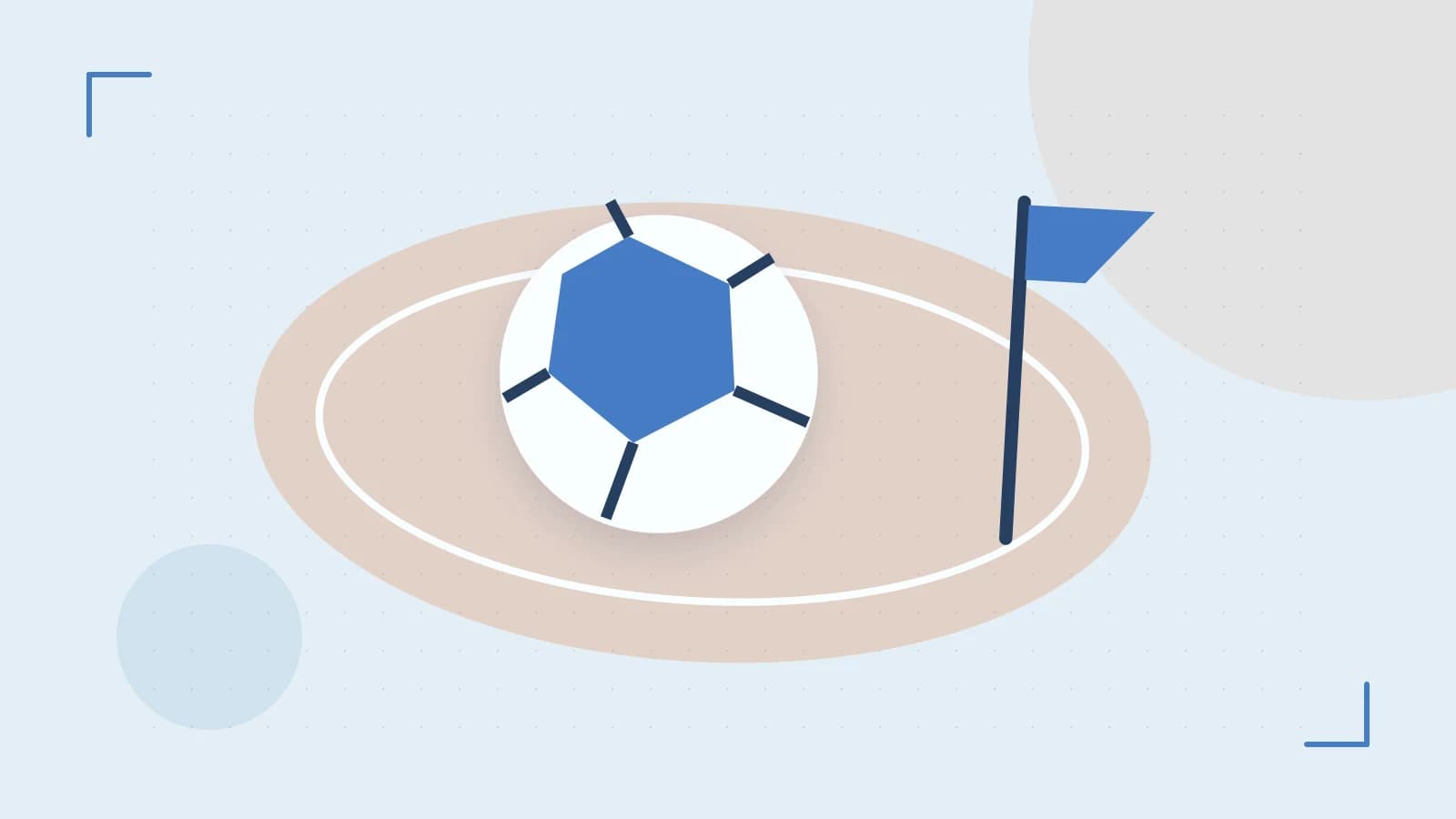Editorial illustration of a stylized sports ball, stadium geometry and dynamic arcs