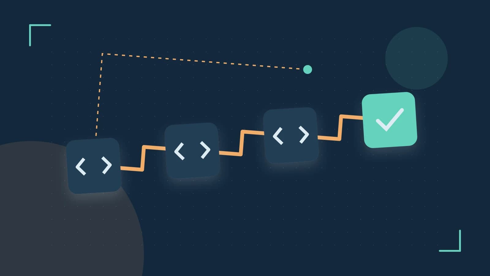 Editorial illustration of a branching build pipeline, staged transformations and a completed check
