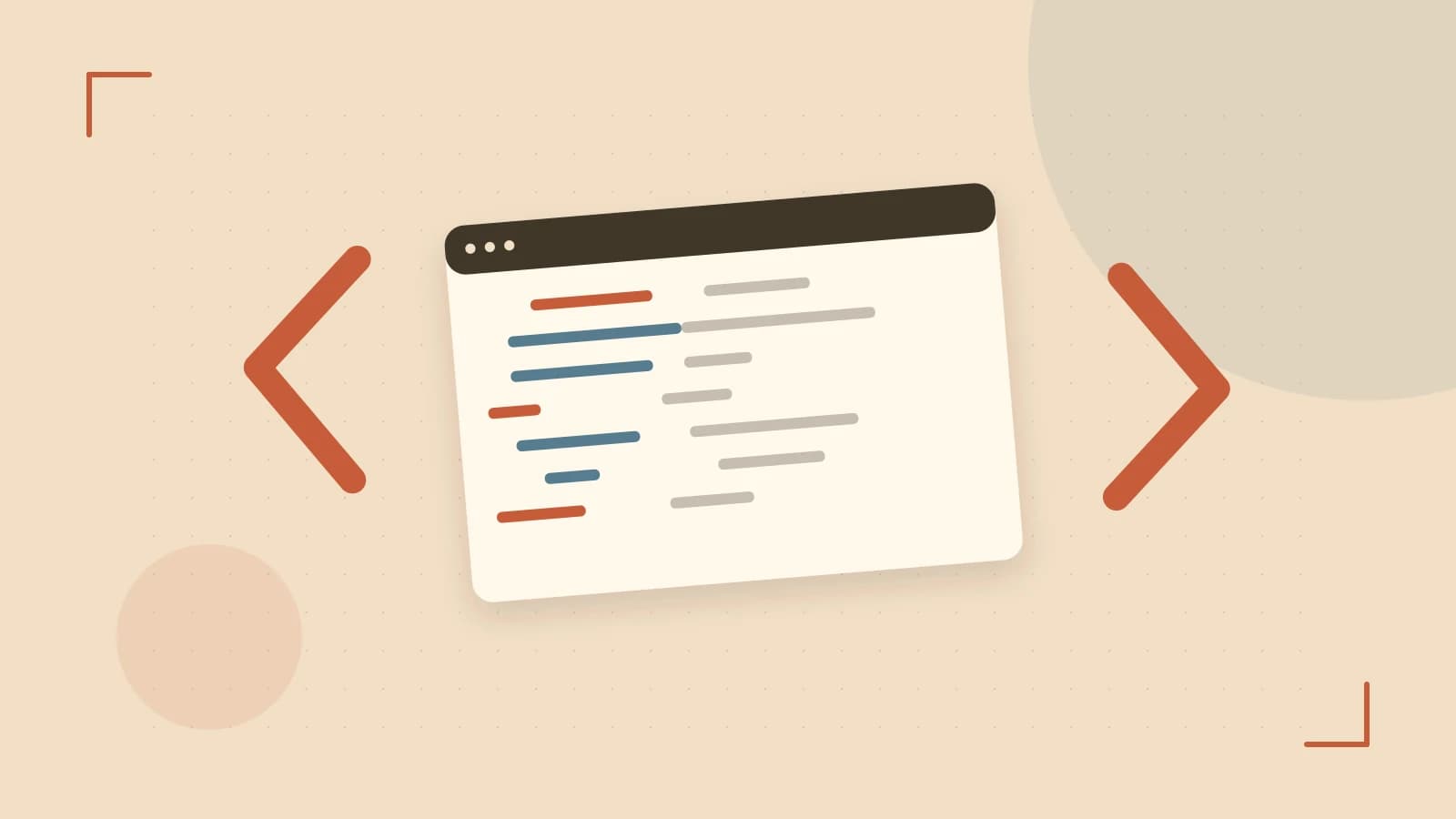 Editorial illustration of an abstract code editor, syntax blocks and oversized programming brackets
