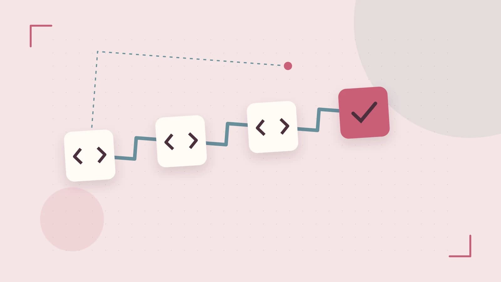 Editorial illustration of a branching build pipeline, staged transformations and a completed check
