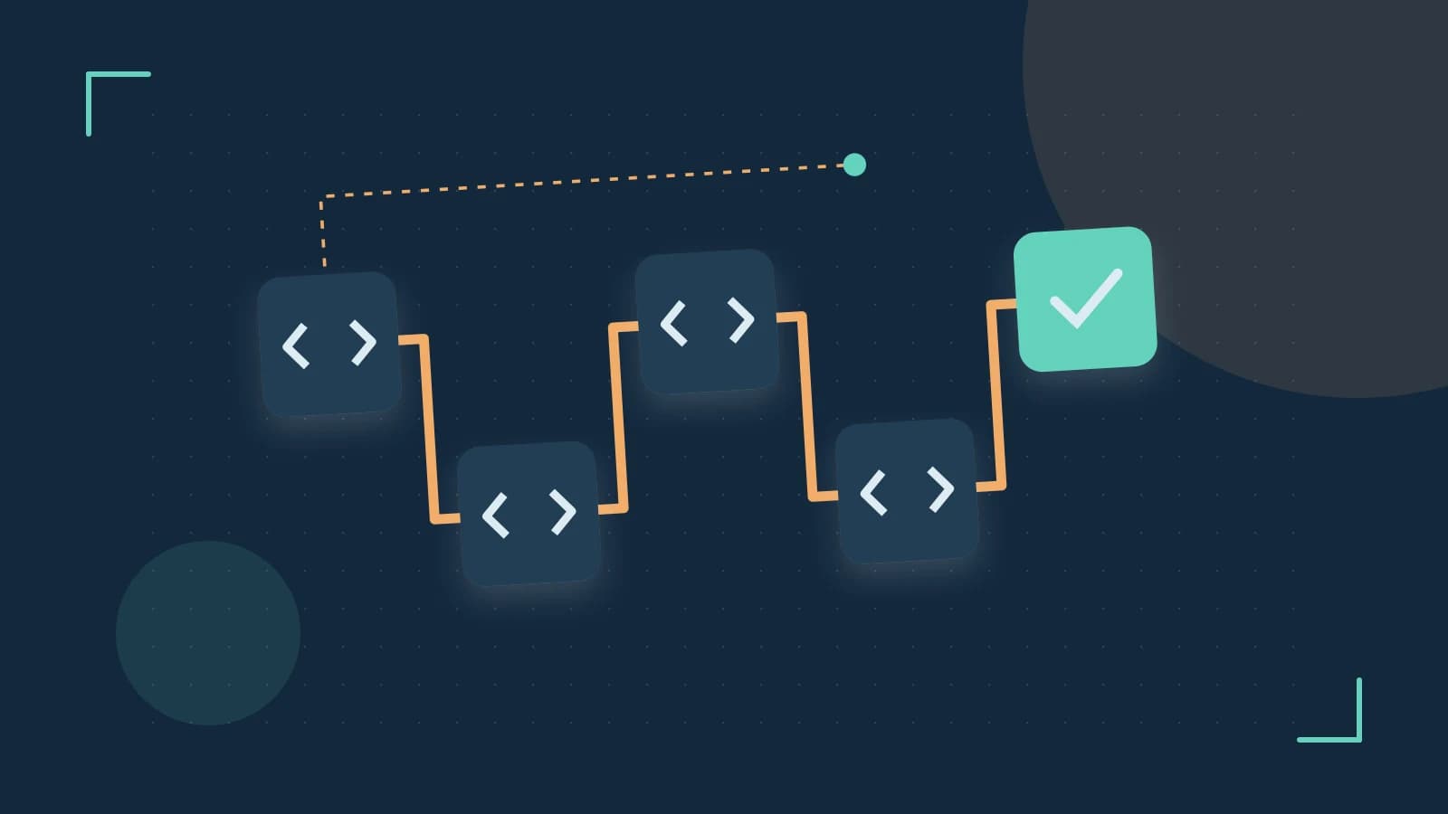 Editorial illustration of a branching build pipeline, staged transformations and a completed check