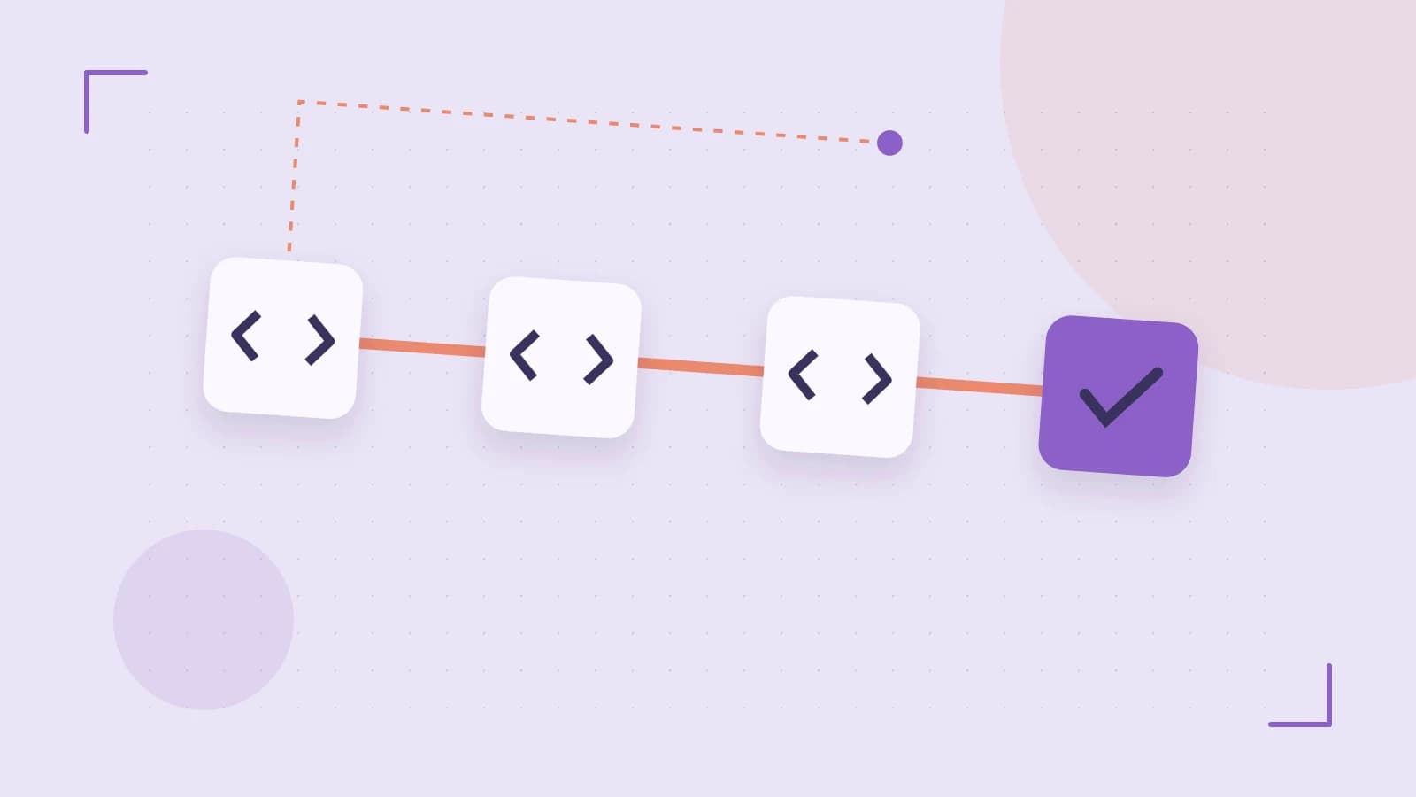 Editorial illustration of a branching build pipeline, staged transformations and a completed check