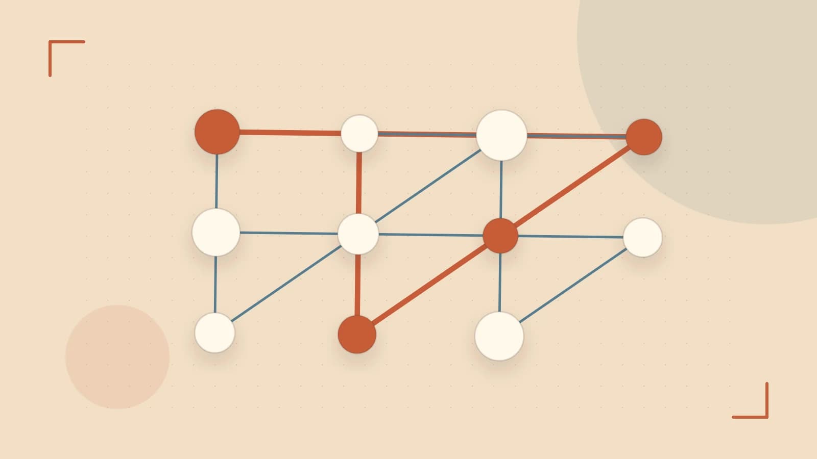 Editorial illustration of an algorithmic node graph with branching paths and a highlighted result