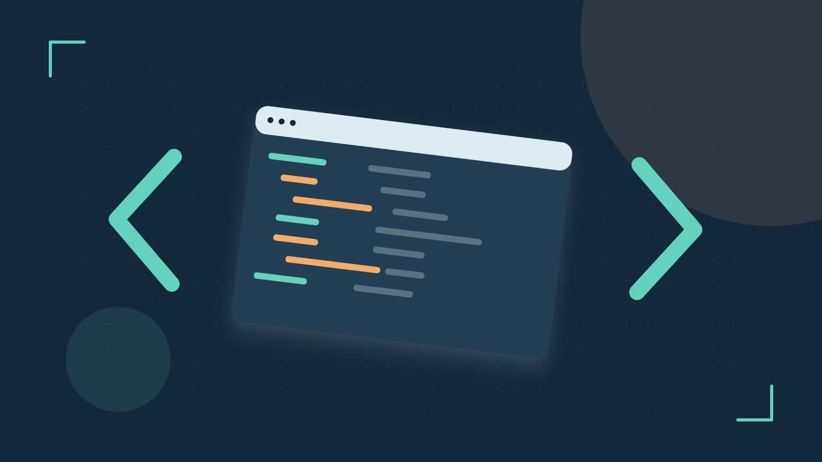 Editorial illustration of an abstract code editor, syntax blocks and oversized programming brackets