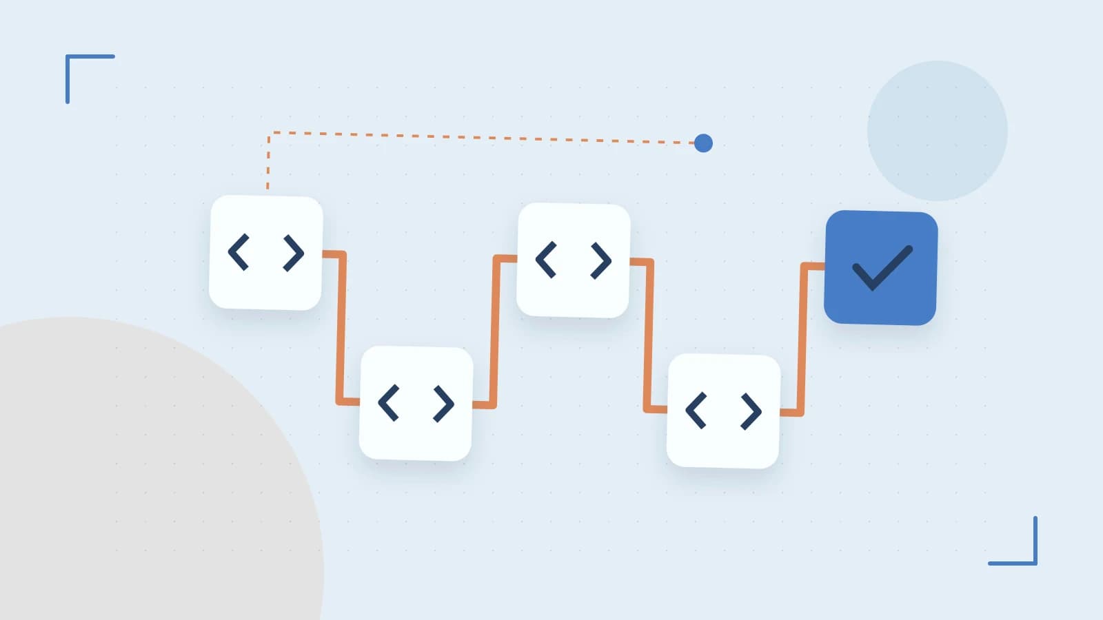 Editorial illustration of a branching build pipeline, staged transformations and a completed check