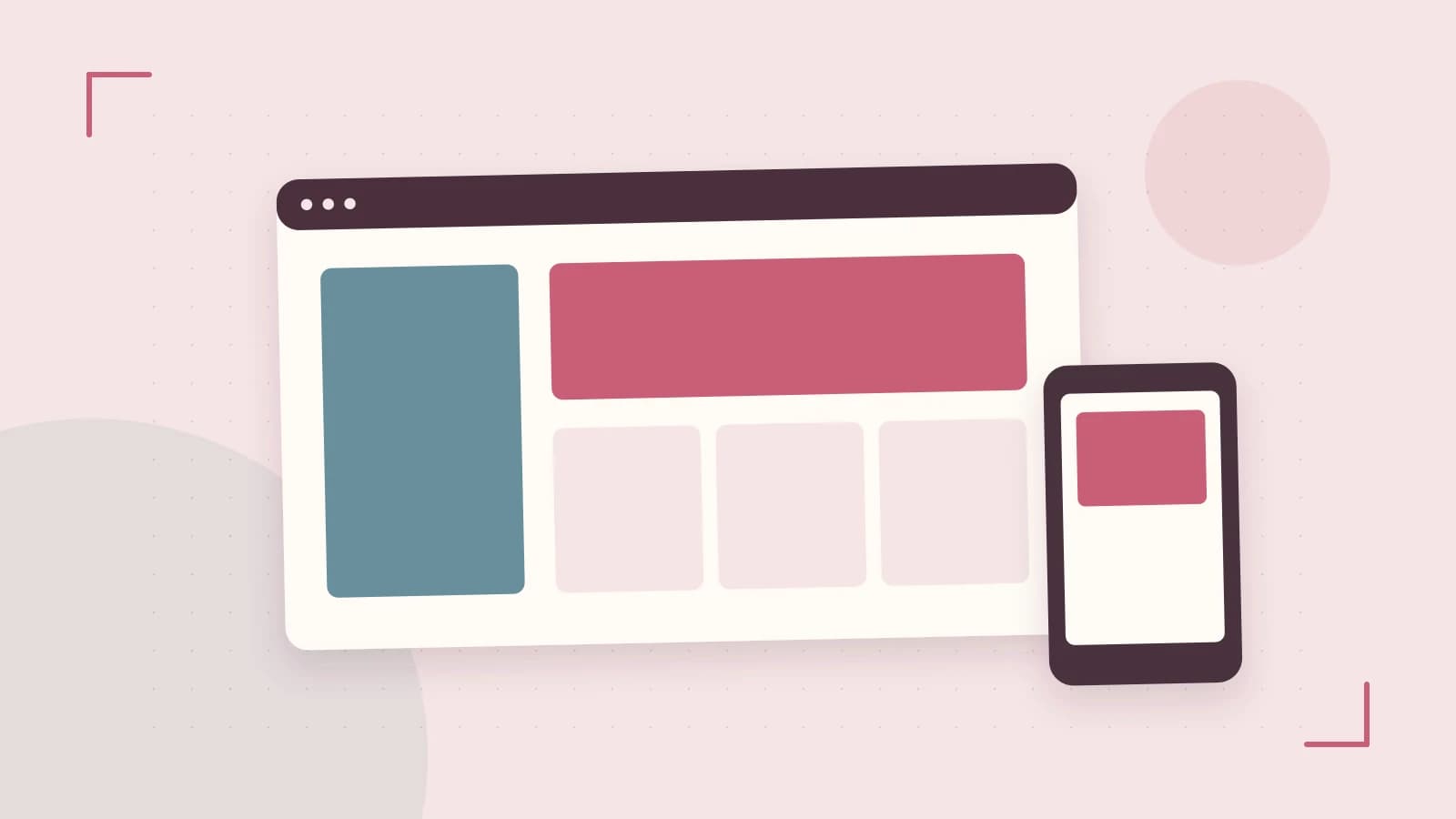Editorial illustration of responsive browser layouts, overlapping design components and a color system
