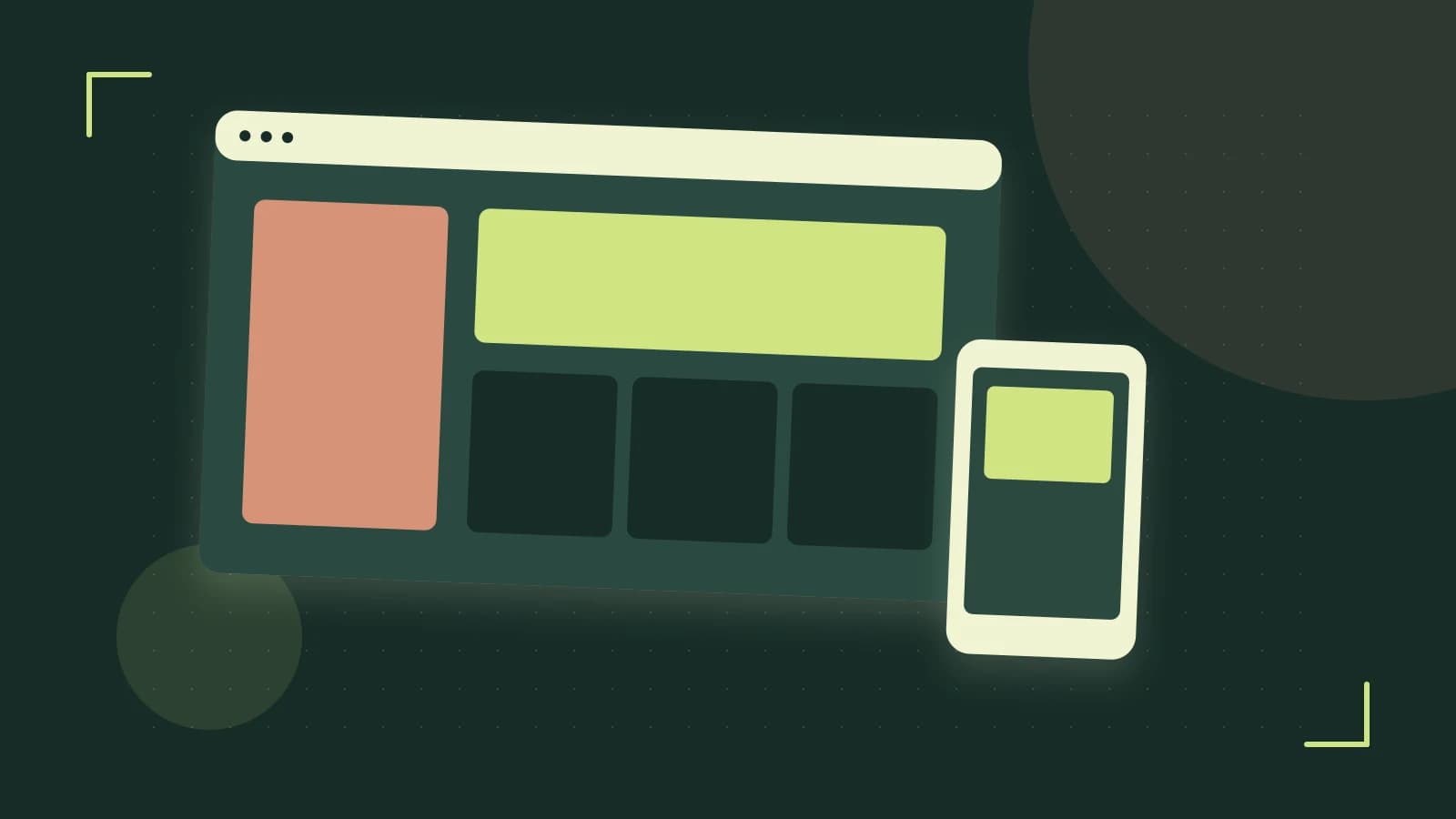 Editorial illustration of responsive browser layouts, overlapping design components and a color system