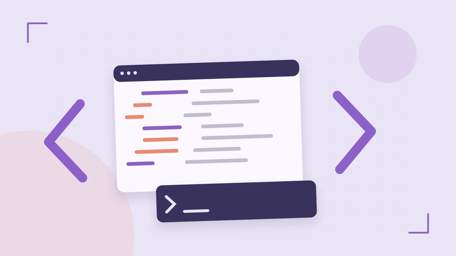Editorial illustration of an abstract code editor, syntax blocks and oversized programming brackets