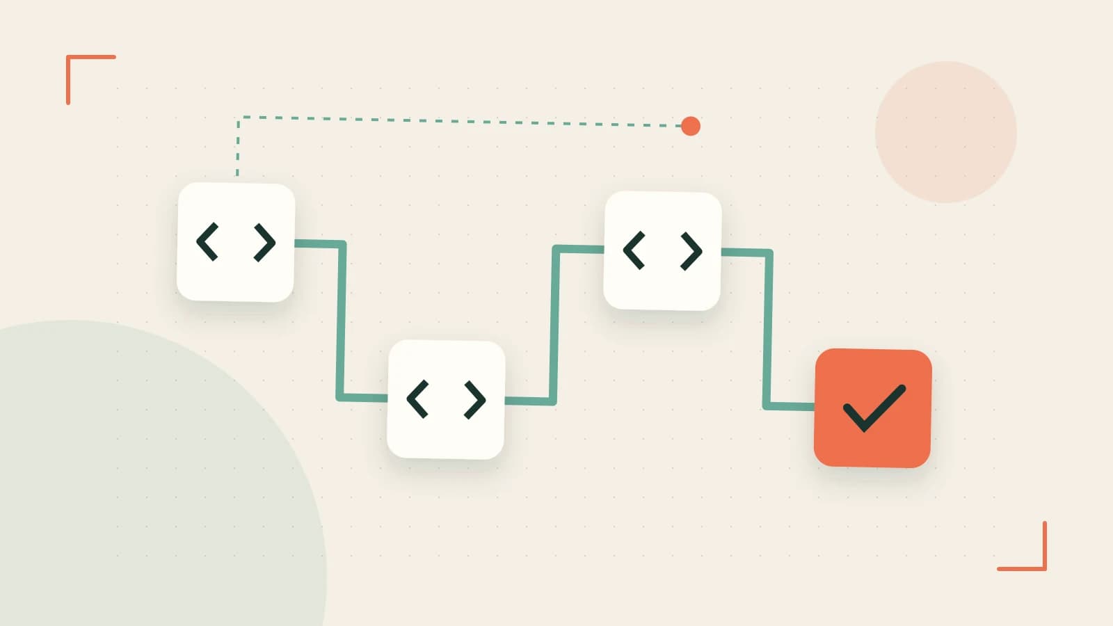 Editorial illustration of a branching build pipeline, staged transformations and a completed check