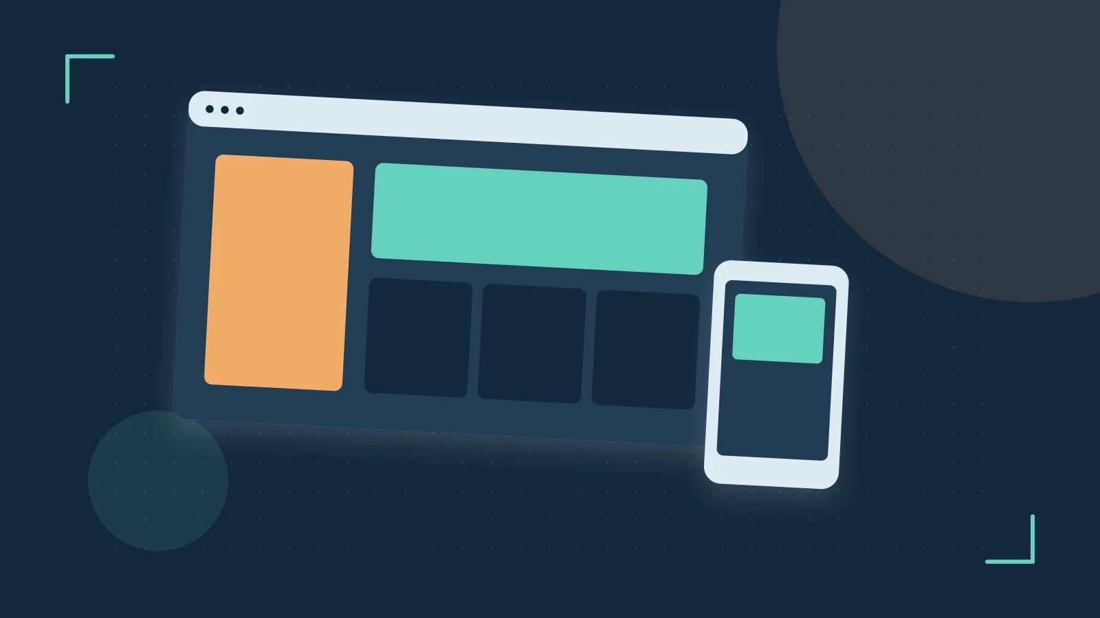 Editorial illustration of responsive browser layouts, overlapping design components and a color system