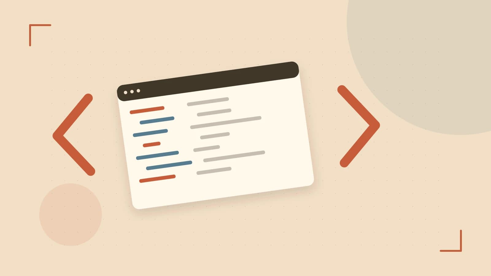 Editorial illustration of an abstract code editor, syntax blocks and oversized programming brackets