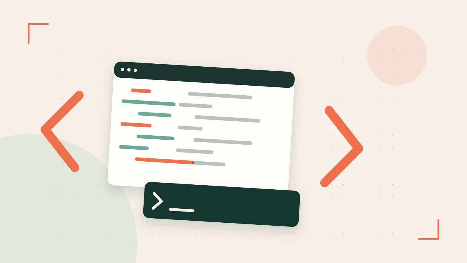 Editorial illustration of an abstract code editor, syntax blocks and oversized programming brackets