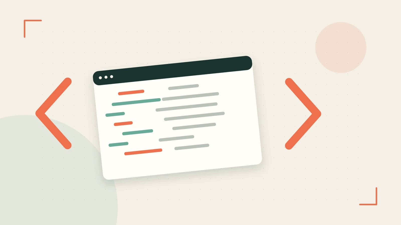 Editorial illustration of an abstract code editor, syntax blocks and oversized programming brackets
