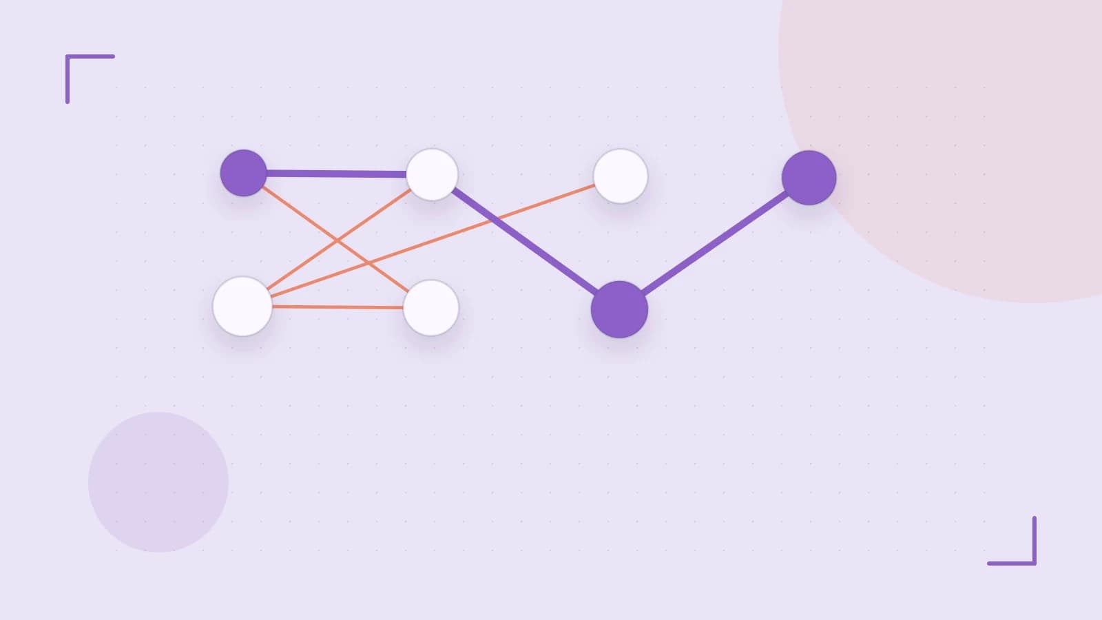 Editorial illustration of an algorithmic node graph with branching paths and a highlighted result