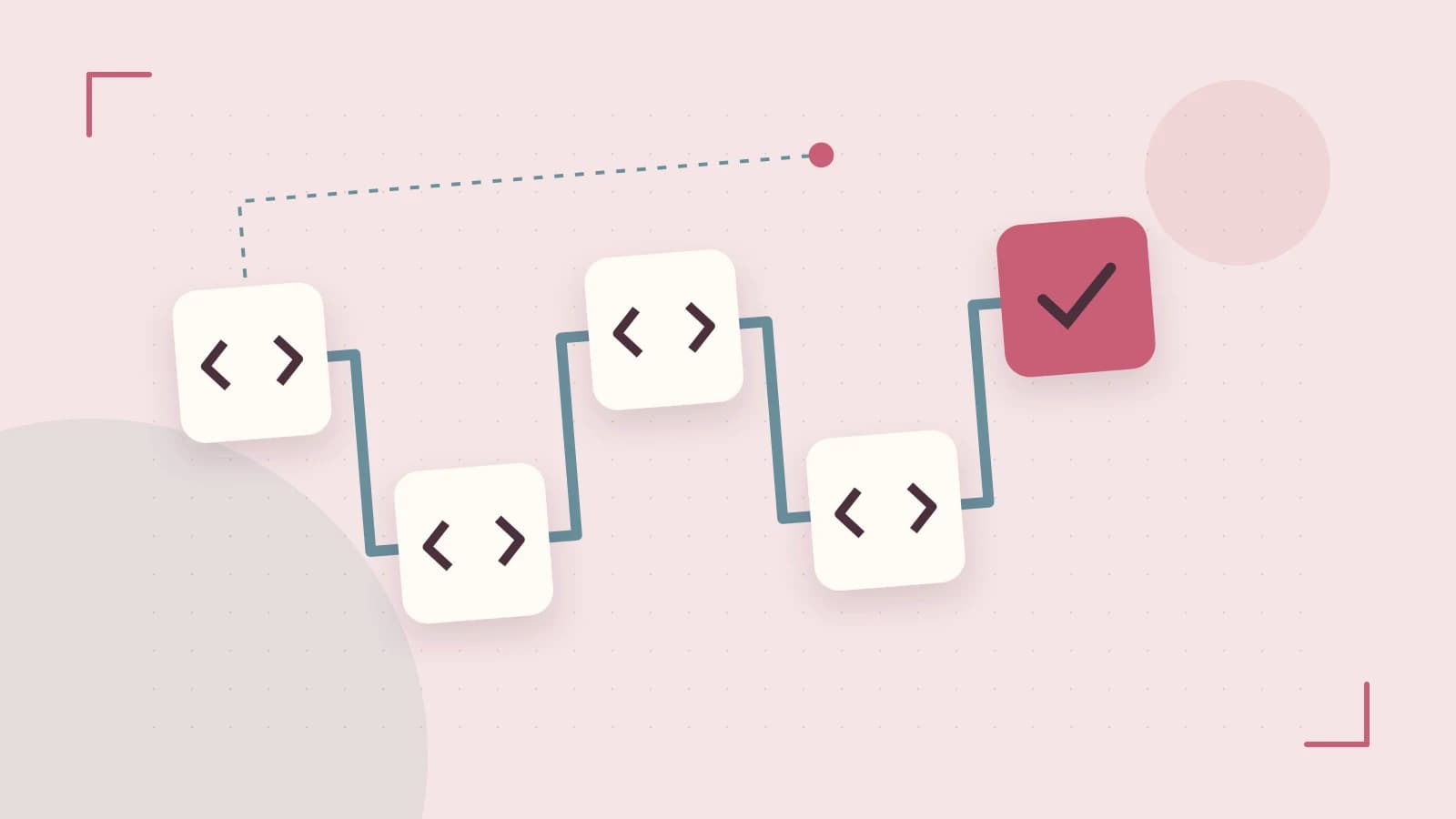 Editorial illustration of a branching build pipeline, staged transformations and a completed check