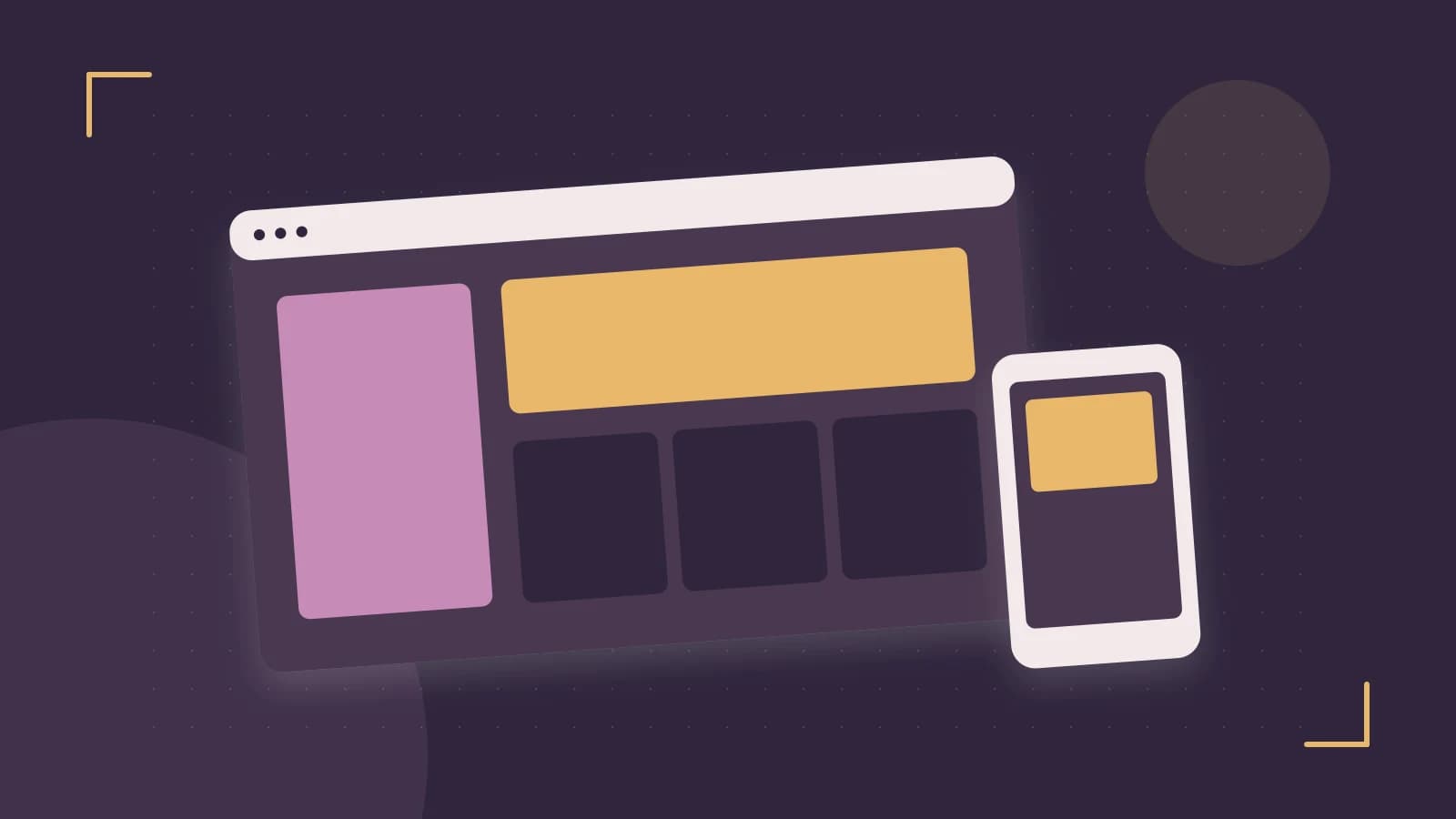 Editorial illustration of responsive browser layouts, overlapping design components and a color system