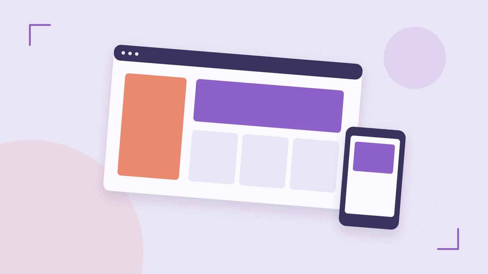 Editorial illustration of responsive browser layouts, overlapping design components and a color system