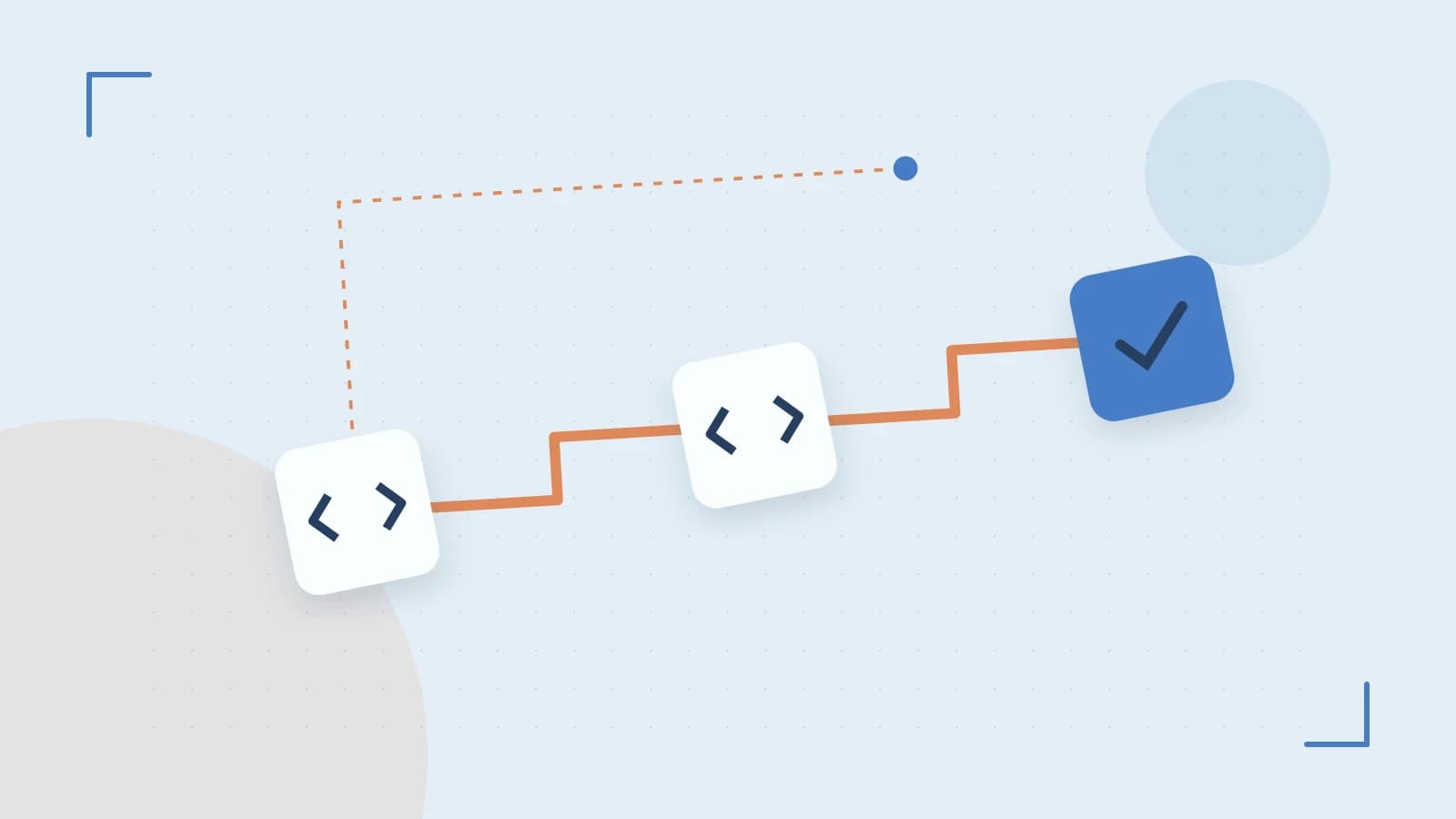 Editorial illustration of a branching build pipeline, staged transformations and a completed check