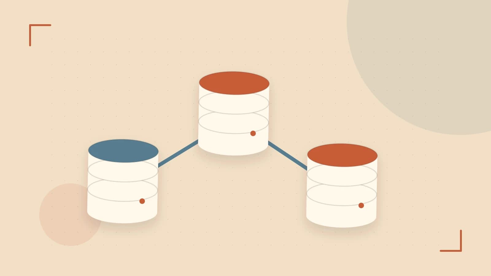 Editorial illustration of structured records, database cylinders and relationships between tables