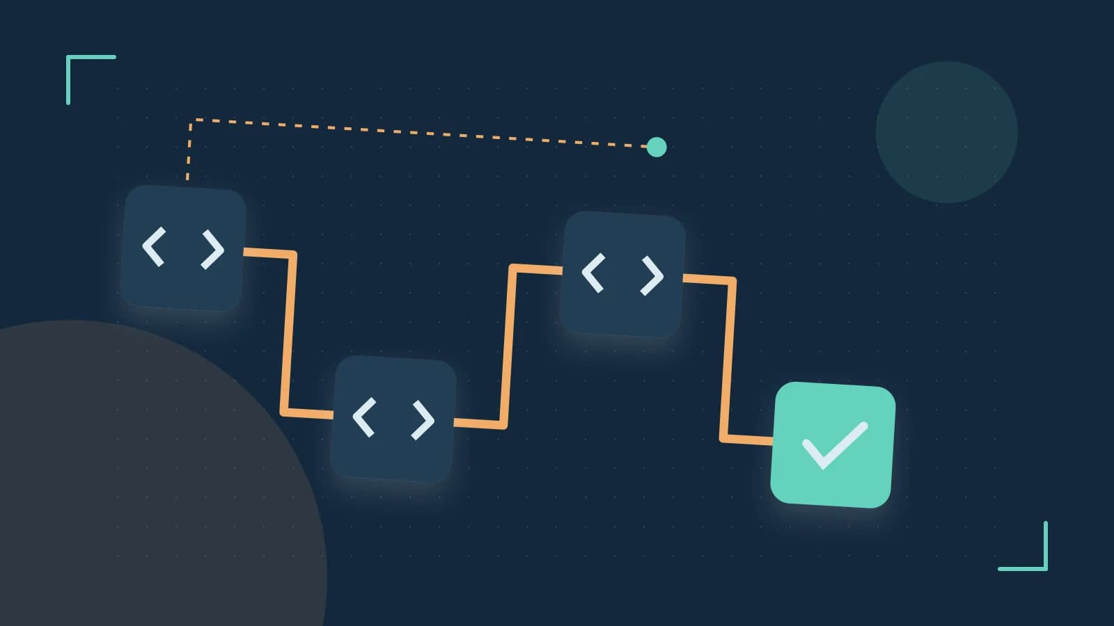 Editorial illustration of a branching build pipeline, staged transformations and a completed check