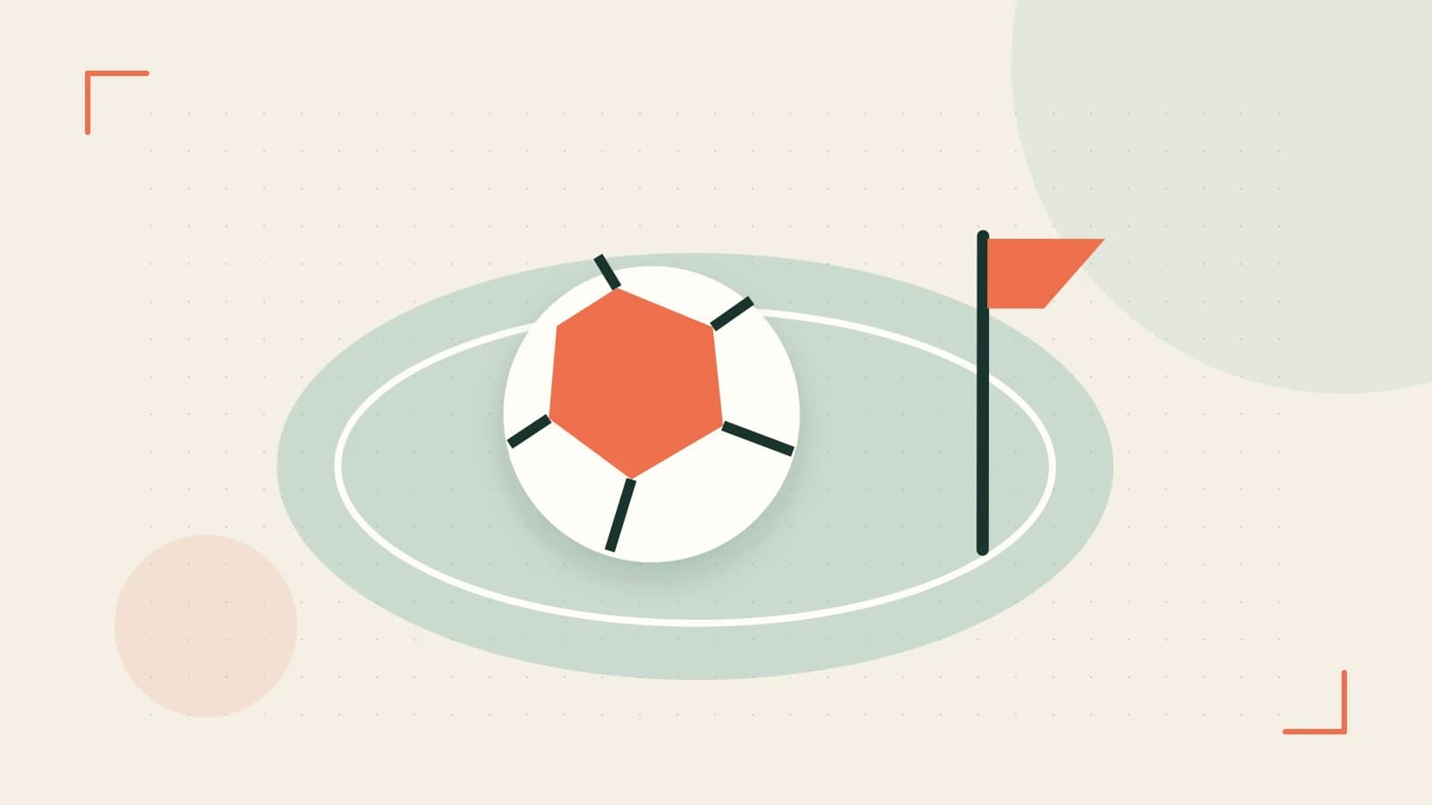 Editorial illustration of a stylized sports ball, stadium geometry and dynamic arcs