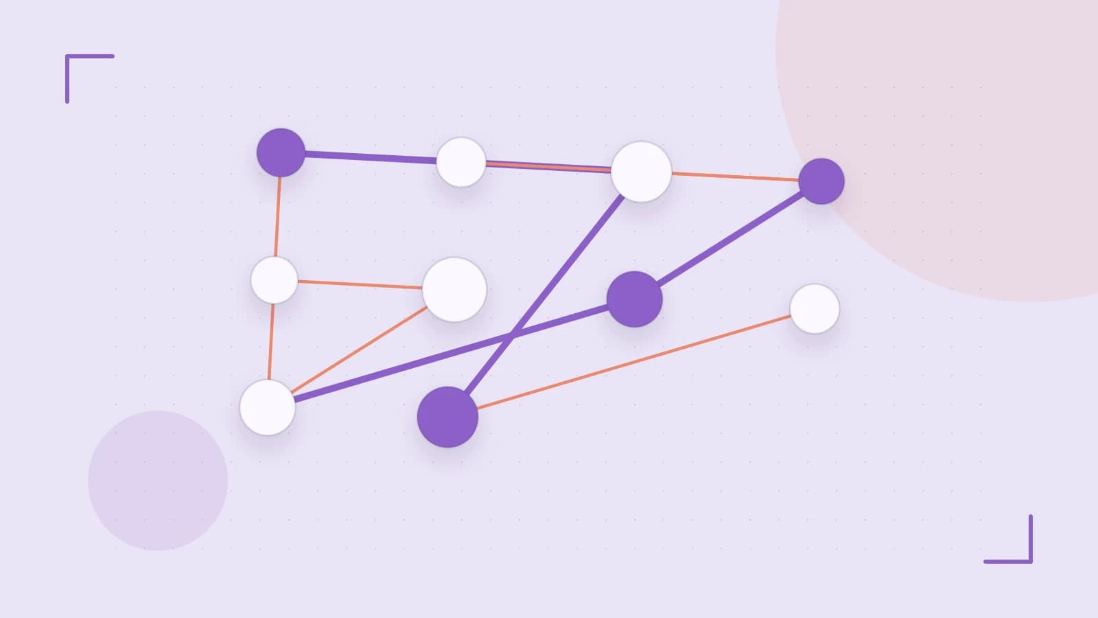 Editorial illustration of an algorithmic node graph with branching paths and a highlighted result