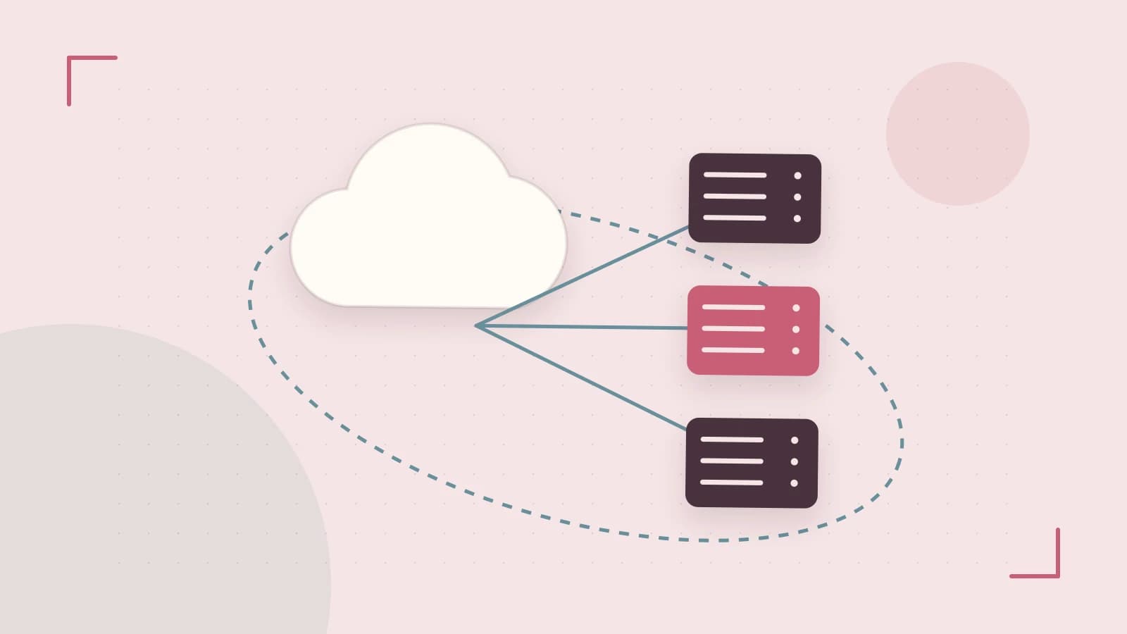 Editorial illustration of cloud infrastructure, connected server racks and an orbital service map