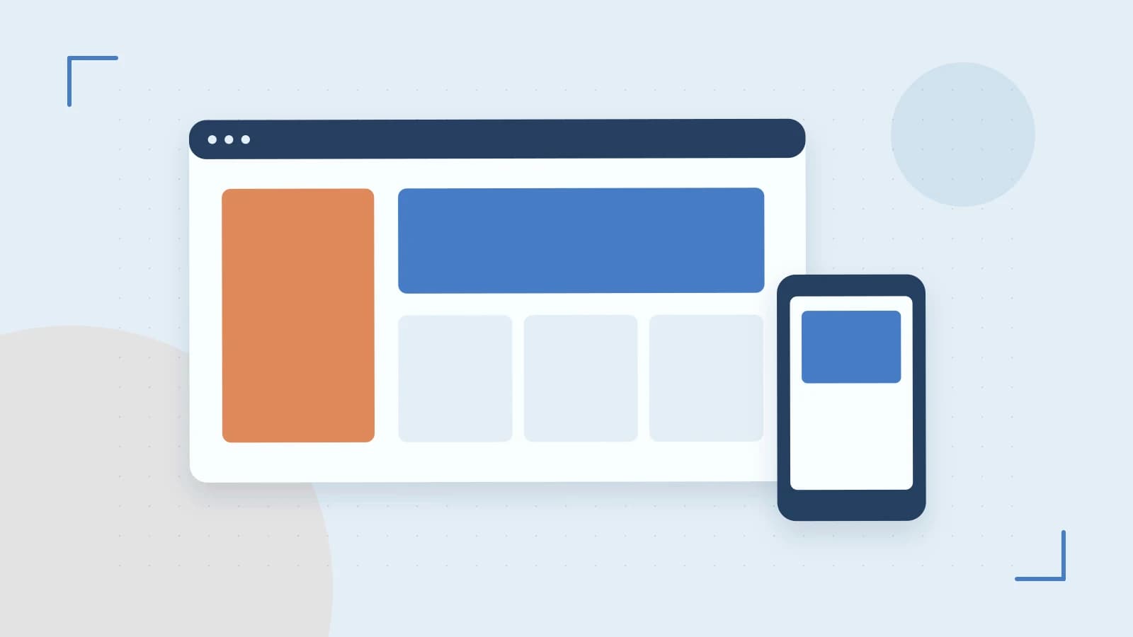 Editorial illustration of responsive browser layouts, overlapping design components and a color system
