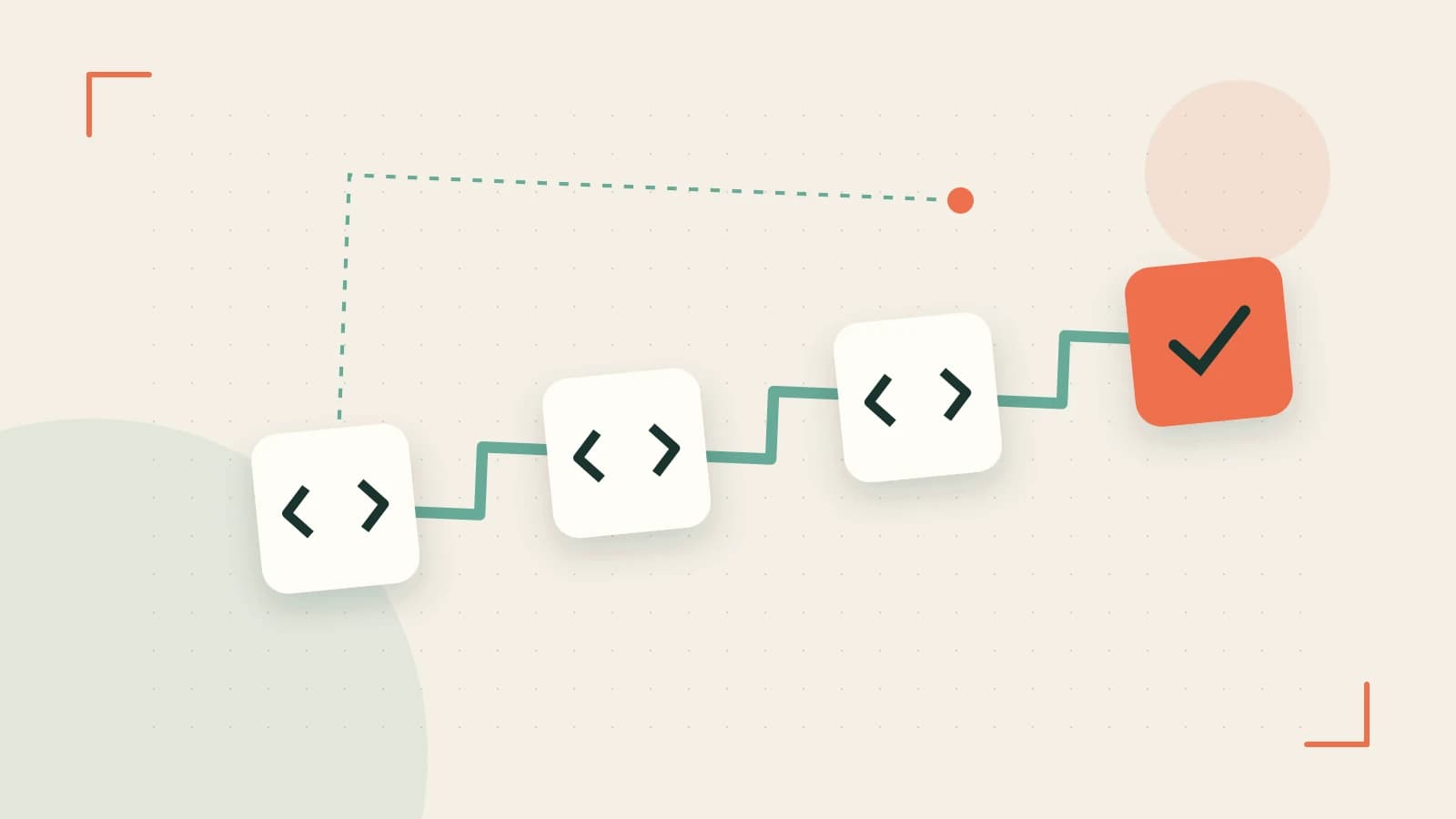 Editorial illustration of a branching build pipeline, staged transformations and a completed check