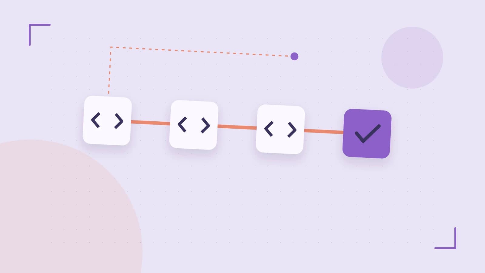 Editorial illustration of a branching build pipeline, staged transformations and a completed check
