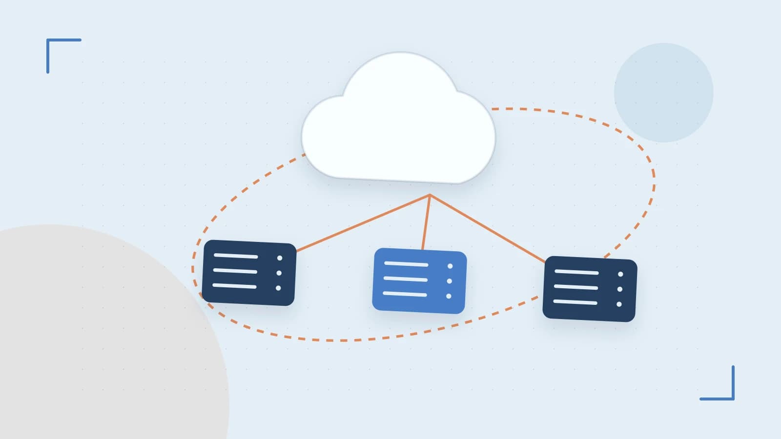 Editorial illustration of cloud infrastructure, connected server racks and an orbital service map