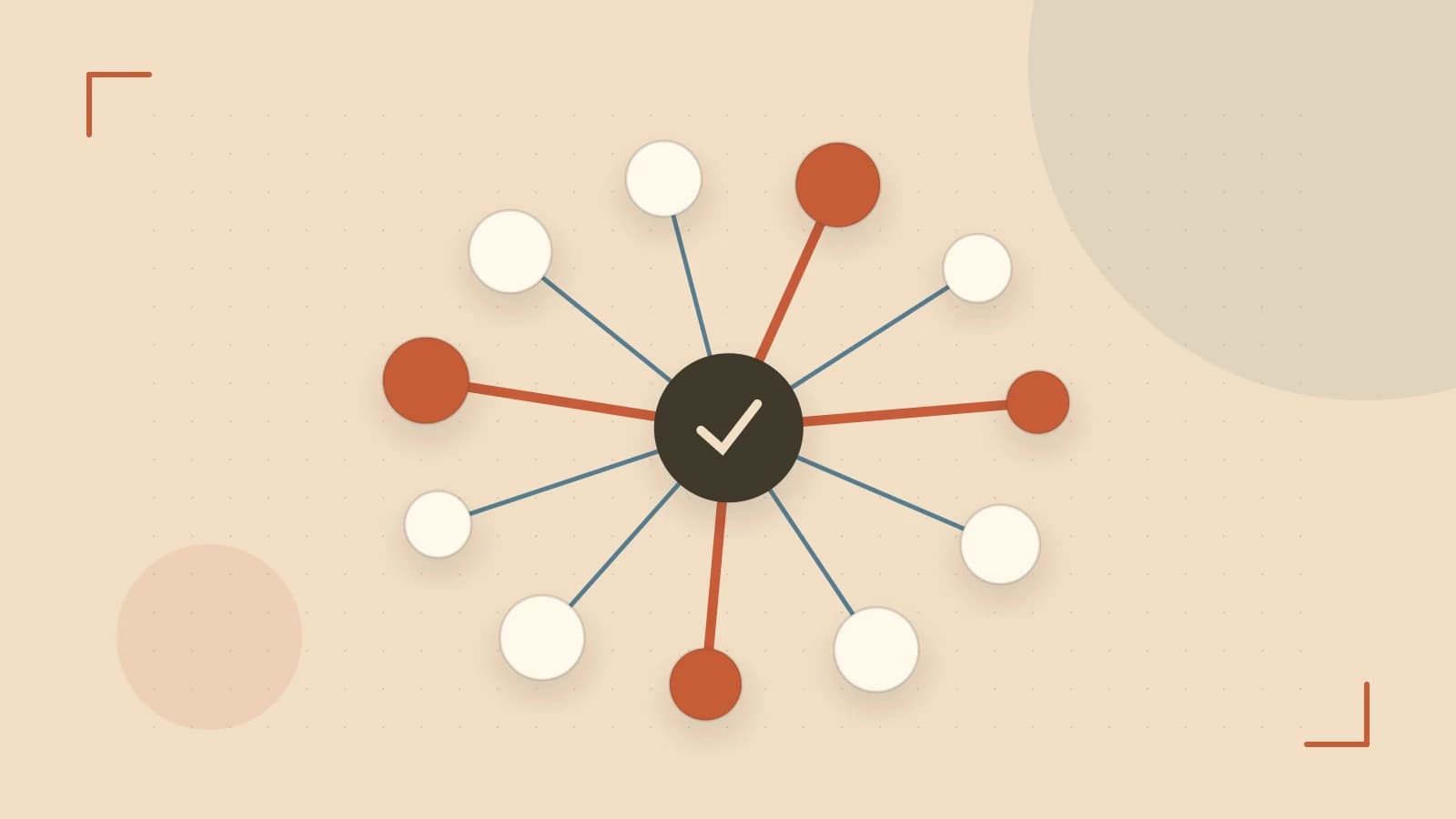 Editorial illustration of an algorithmic node graph with branching paths and a highlighted result