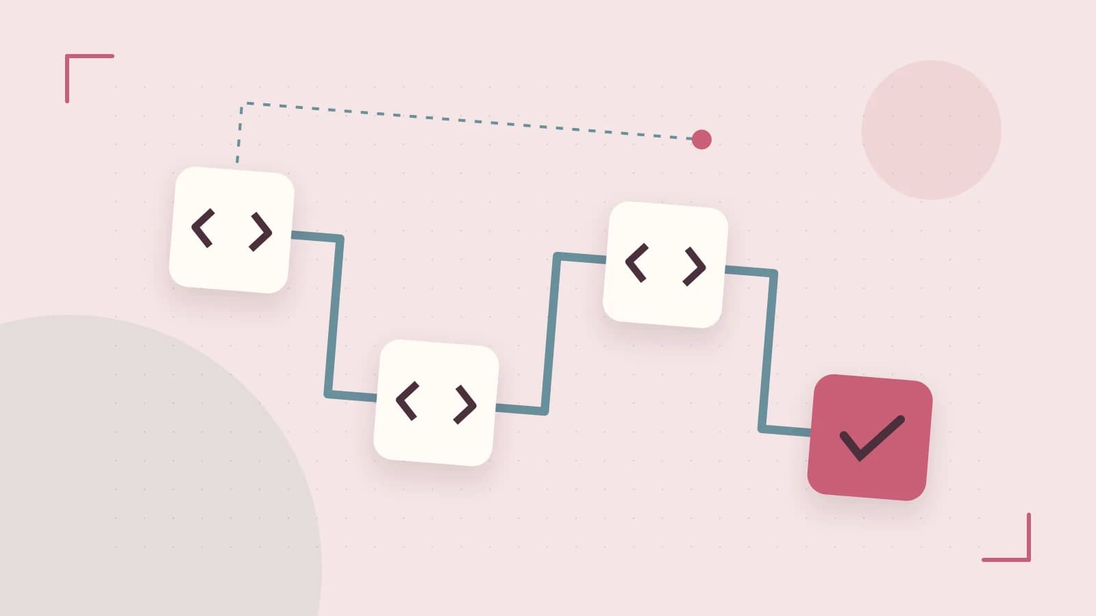 Editorial illustration of a branching build pipeline, staged transformations and a completed check