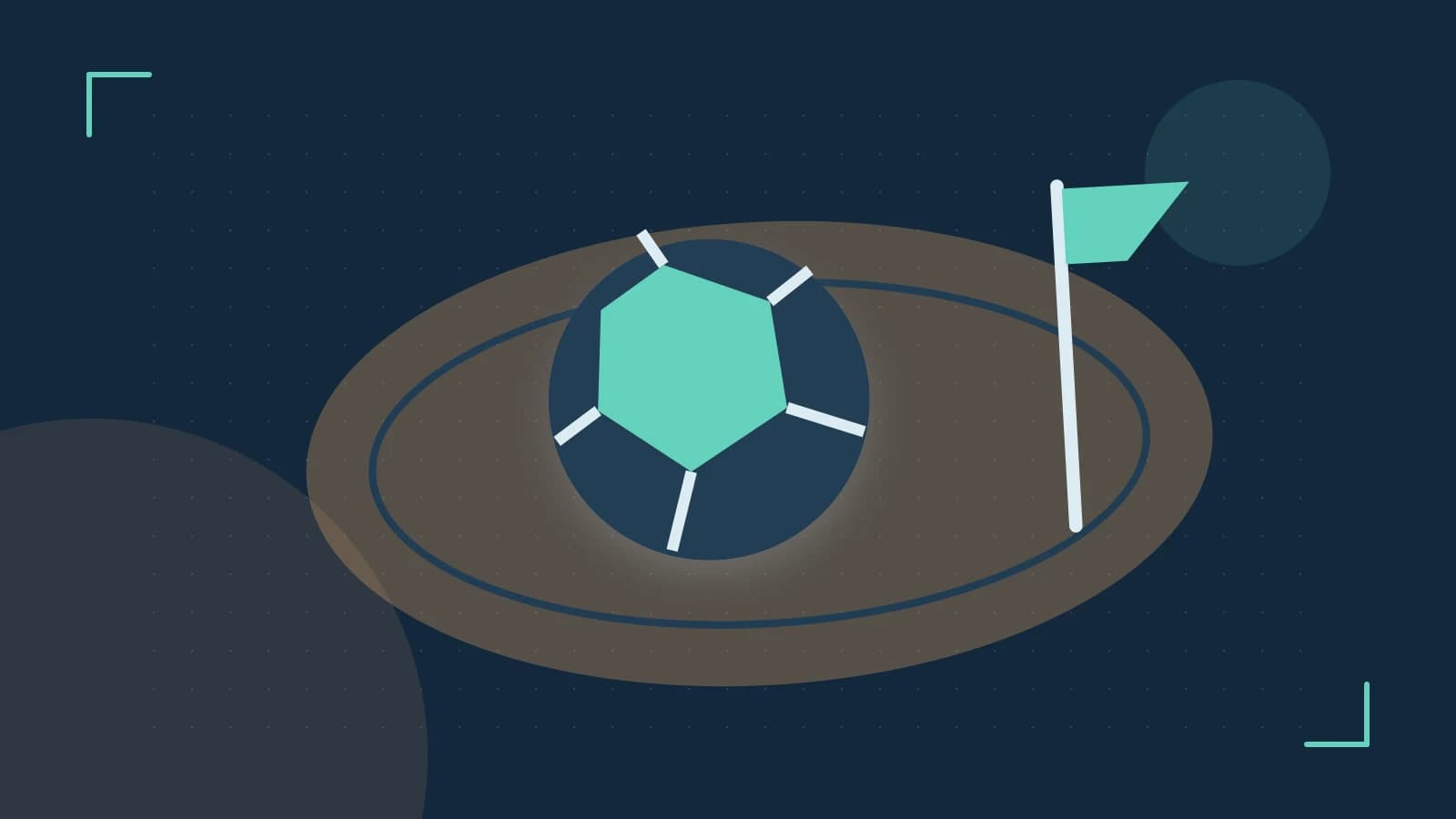 Editorial illustration of a stylized sports ball, stadium geometry and dynamic arcs