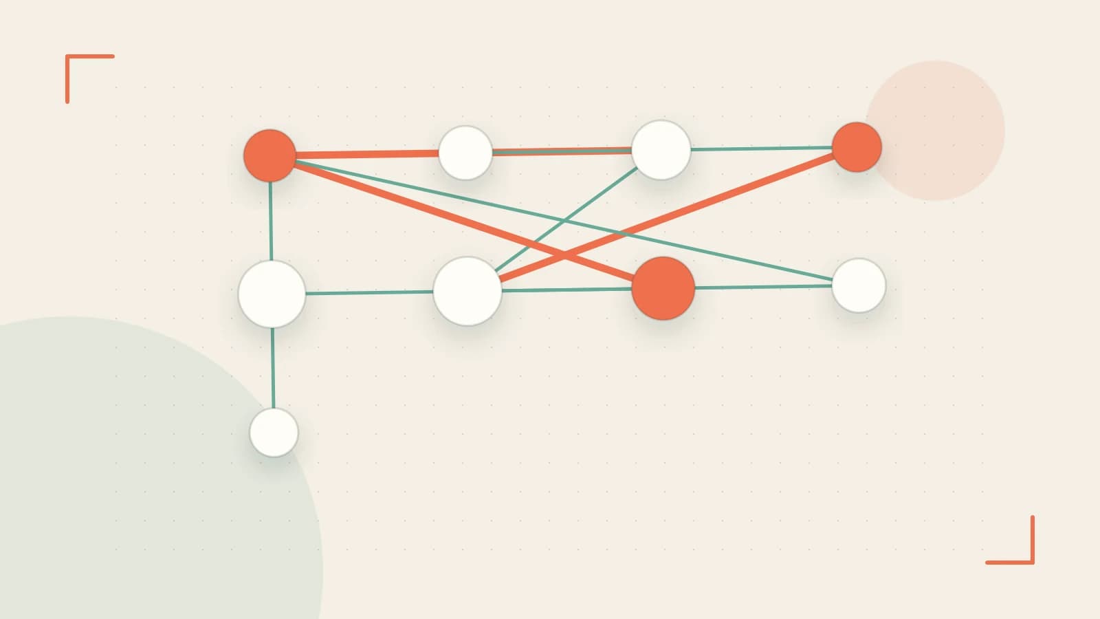 Editorial illustration of an algorithmic node graph with branching paths and a highlighted result