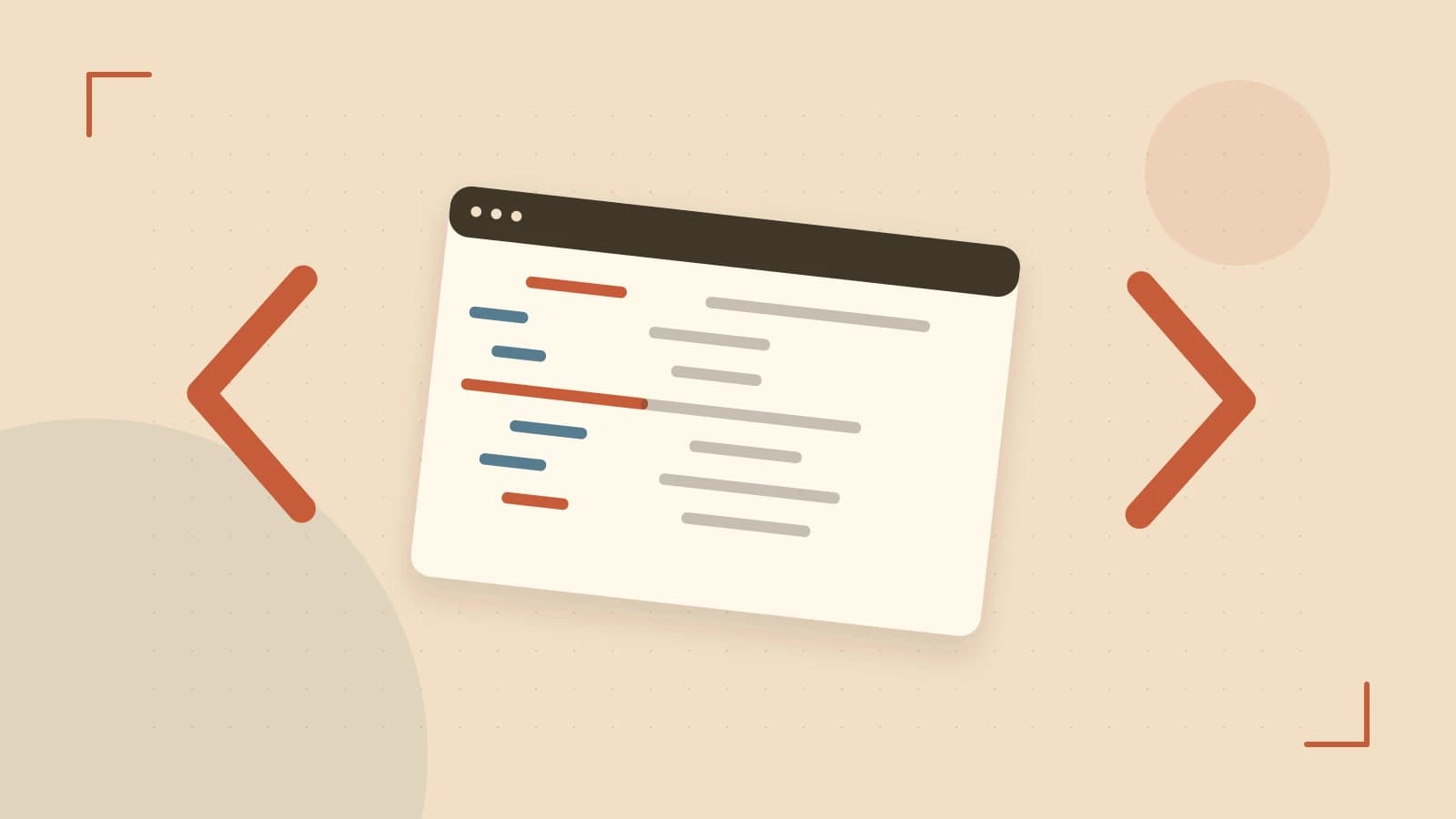 Editorial illustration of an abstract code editor, syntax blocks and oversized programming brackets