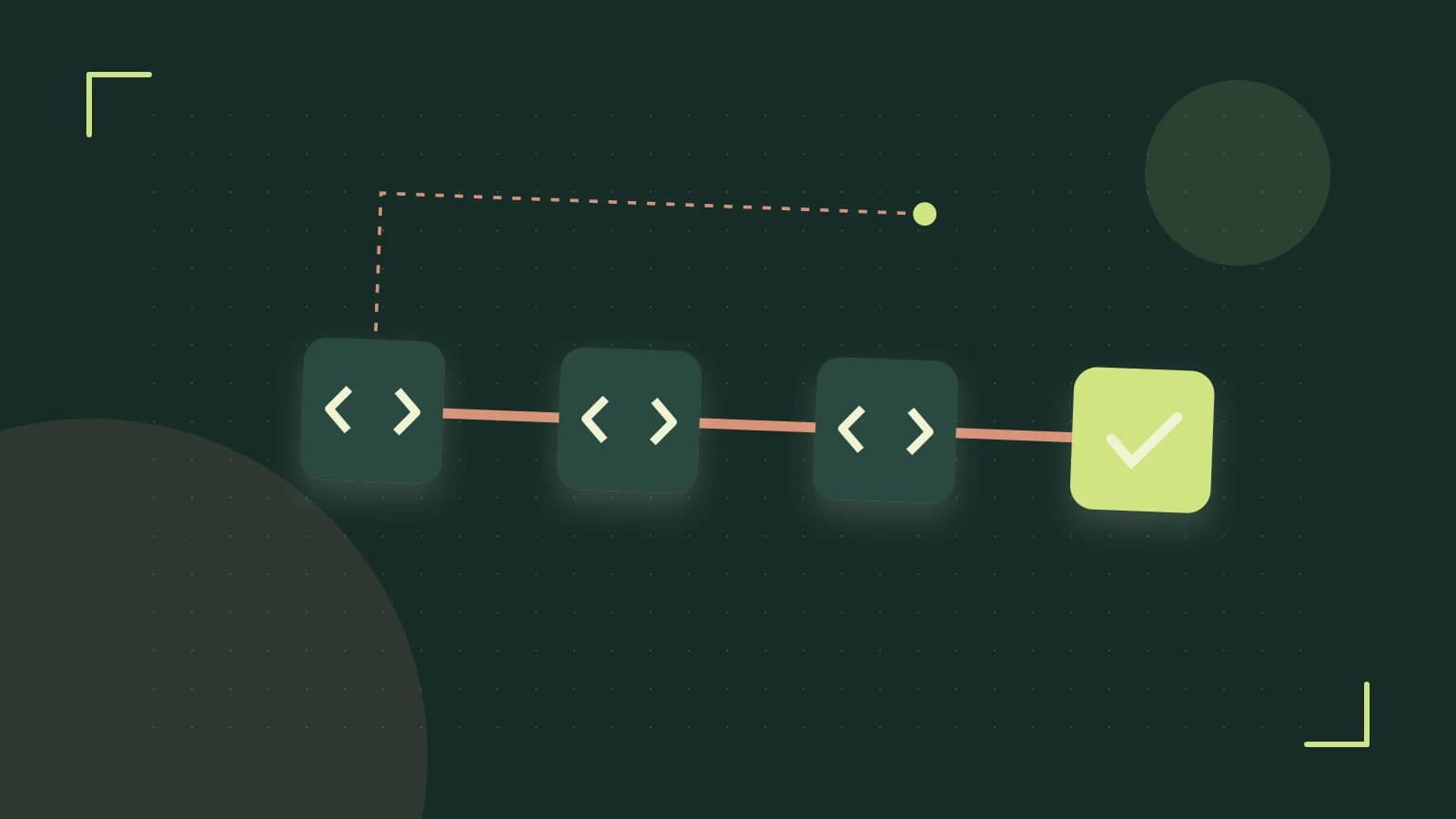 Editorial illustration of a branching build pipeline, staged transformations and a completed check