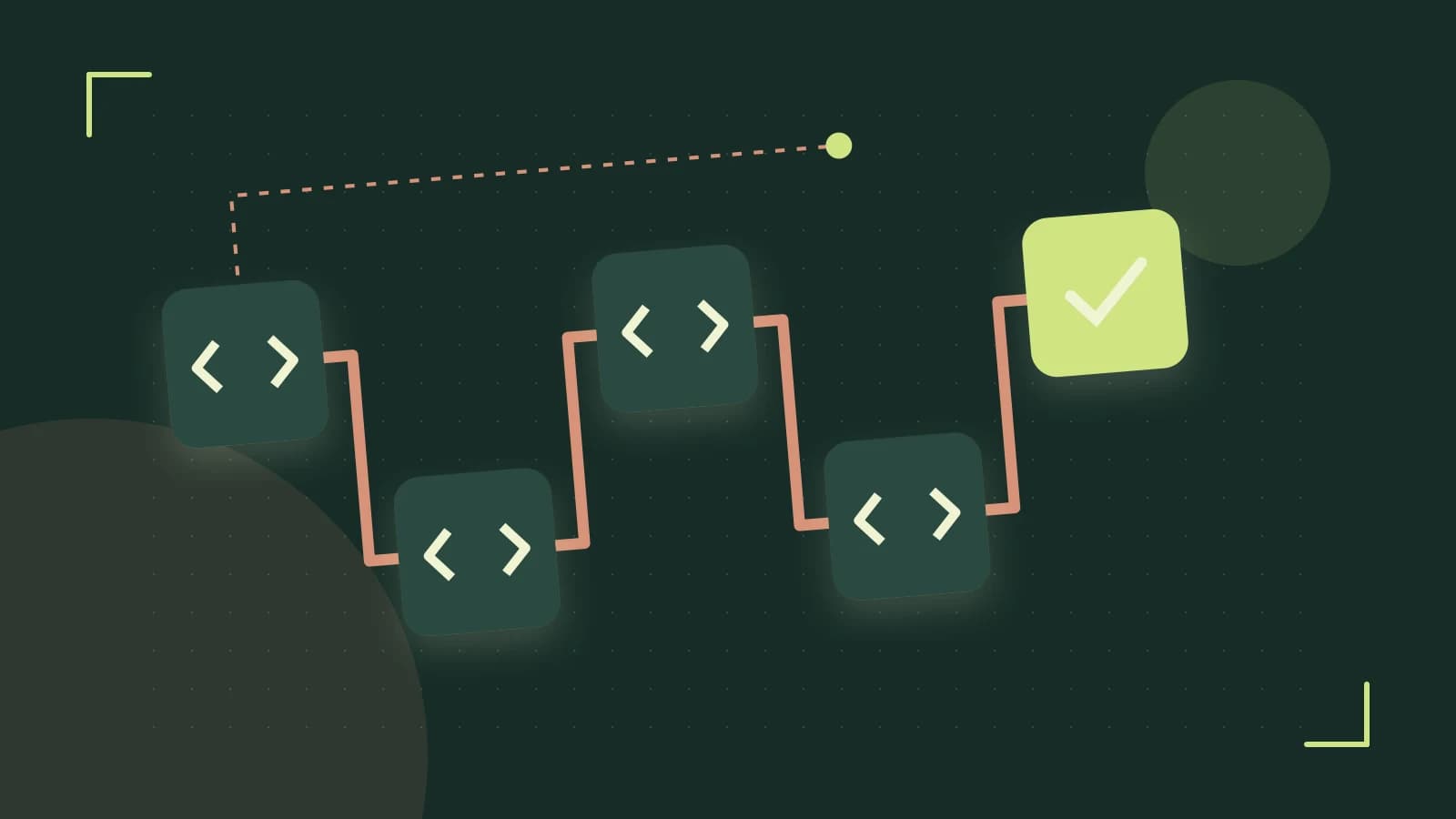 Editorial illustration of a branching build pipeline, staged transformations and a completed check