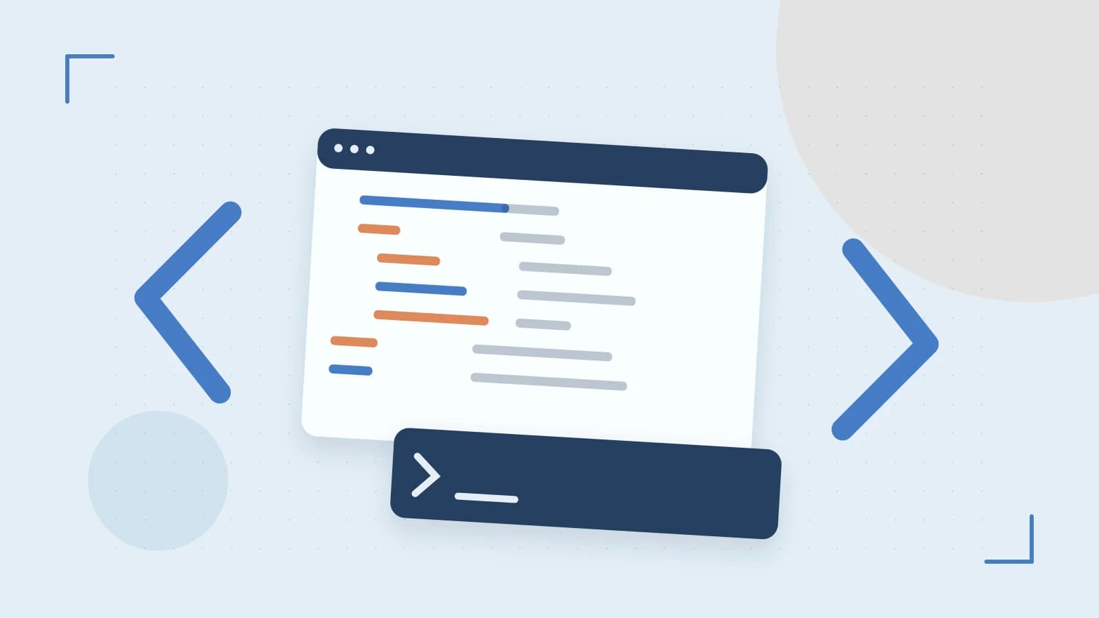 Editorial illustration of an abstract code editor, syntax blocks and oversized programming brackets