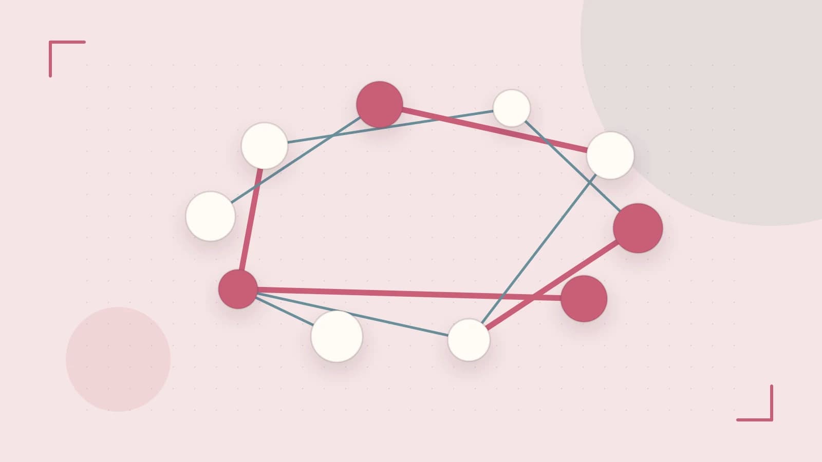 Editorial illustration of an algorithmic node graph with branching paths and a highlighted result