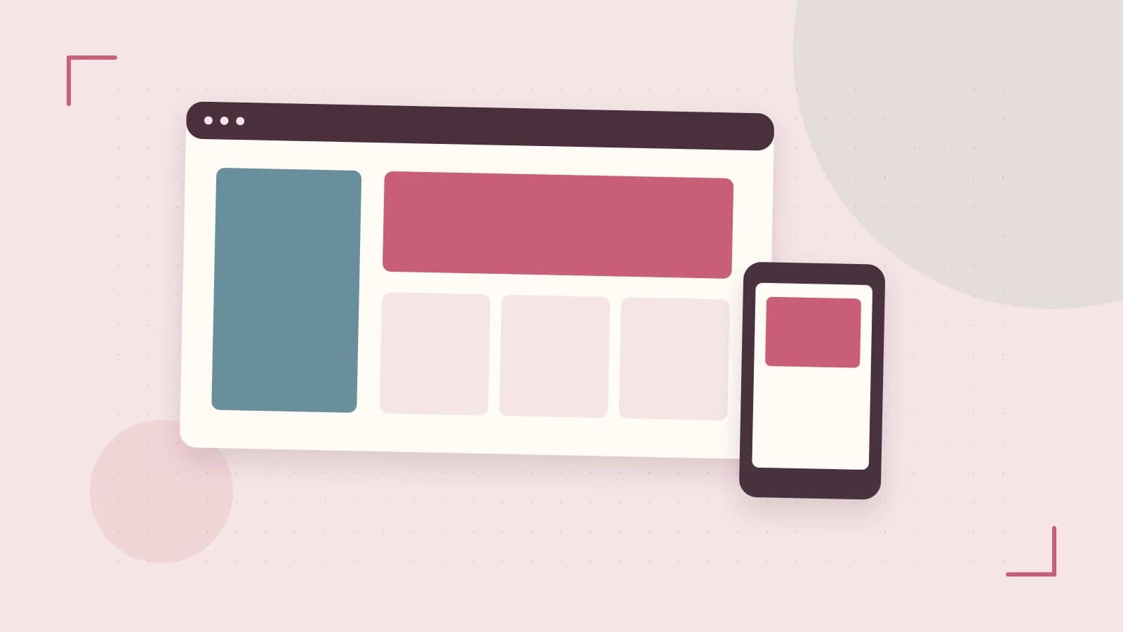 Editorial illustration of responsive browser layouts, overlapping design components and a color system