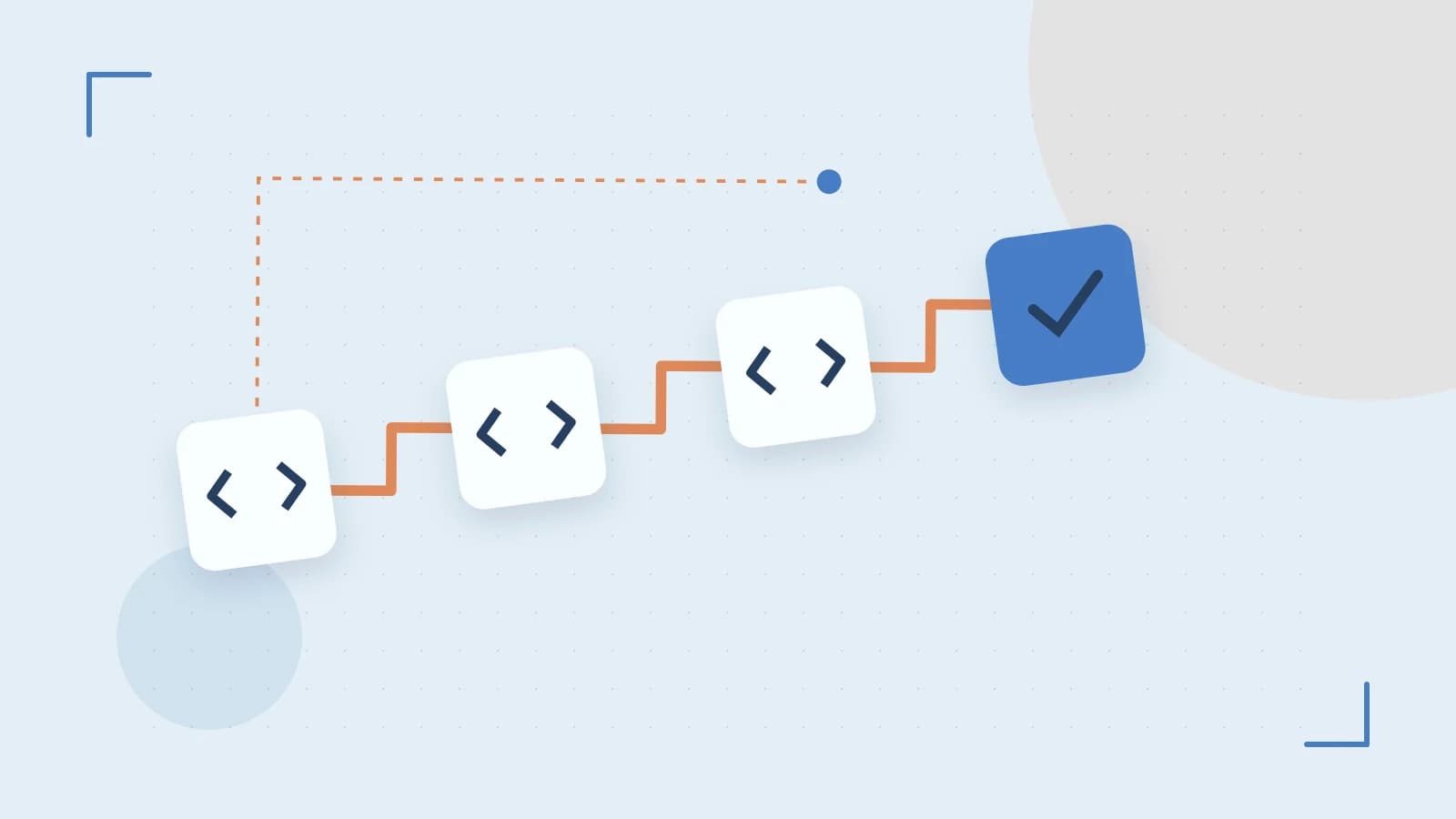 Editorial illustration of a branching build pipeline, staged transformations and a completed check