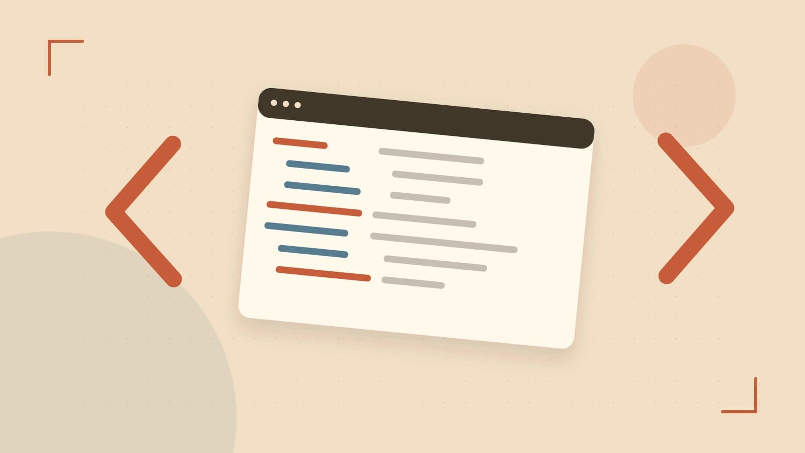 Editorial illustration of an abstract code editor, syntax blocks and oversized programming brackets