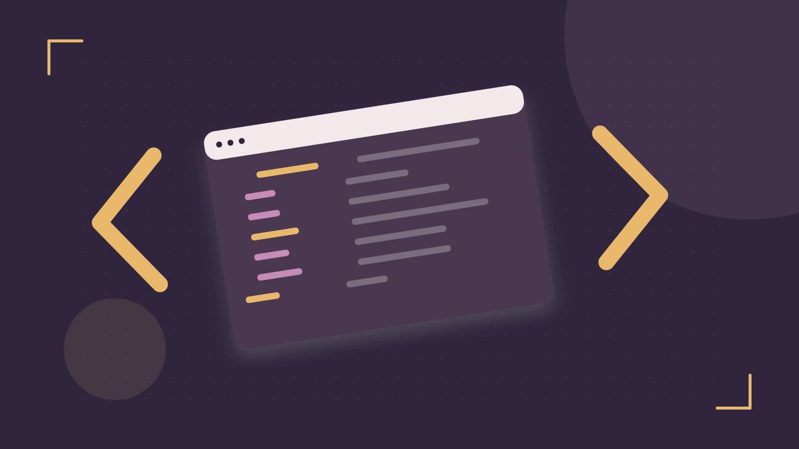 Editorial illustration of an abstract code editor, syntax blocks and oversized programming brackets