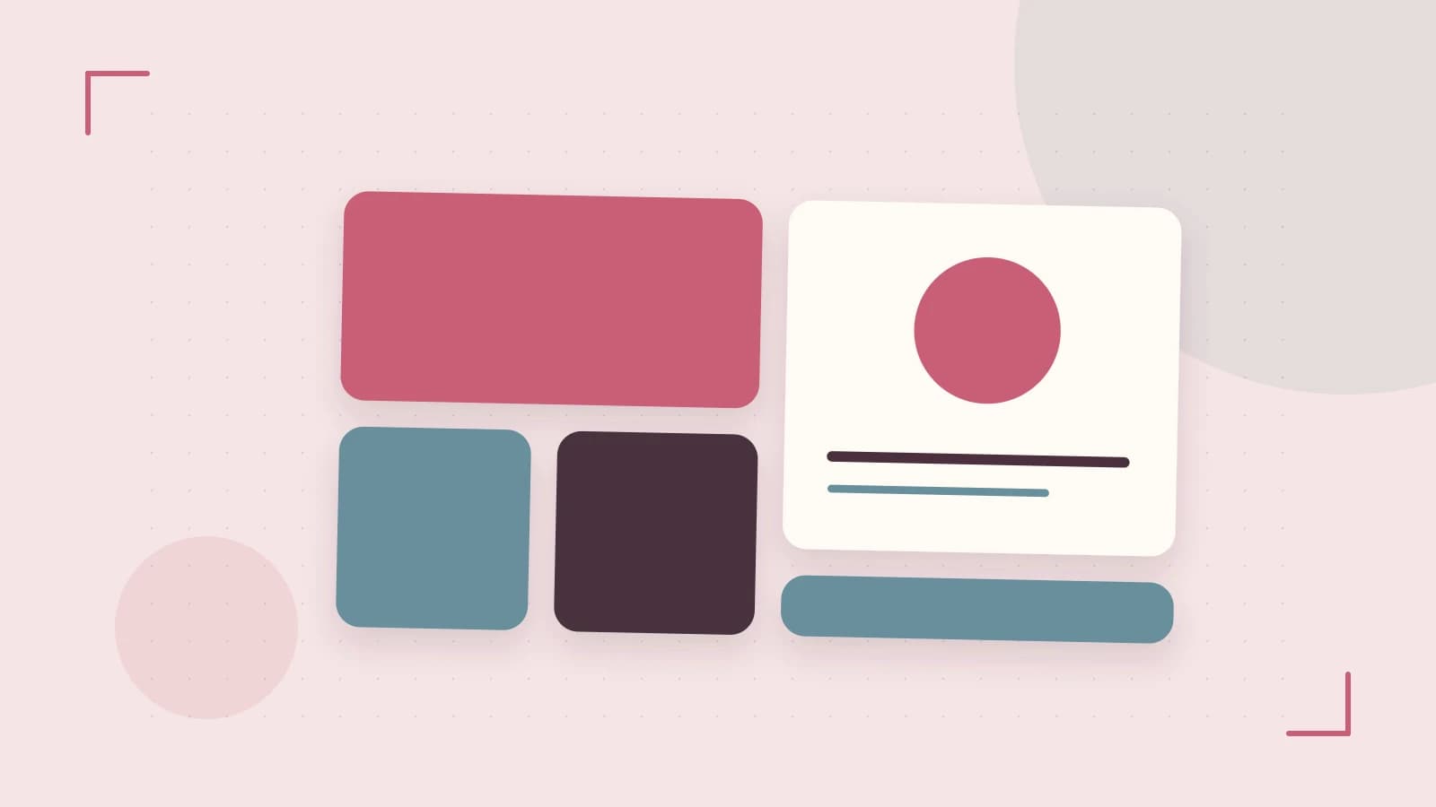 Editorial illustration of responsive browser layouts, overlapping design components and a color system