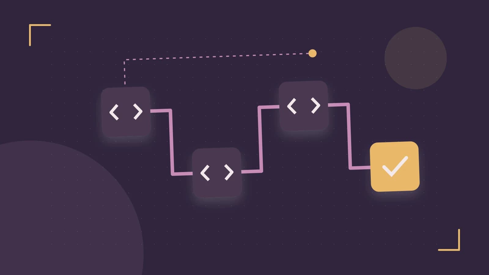 Editorial illustration of a branching build pipeline, staged transformations and a completed check