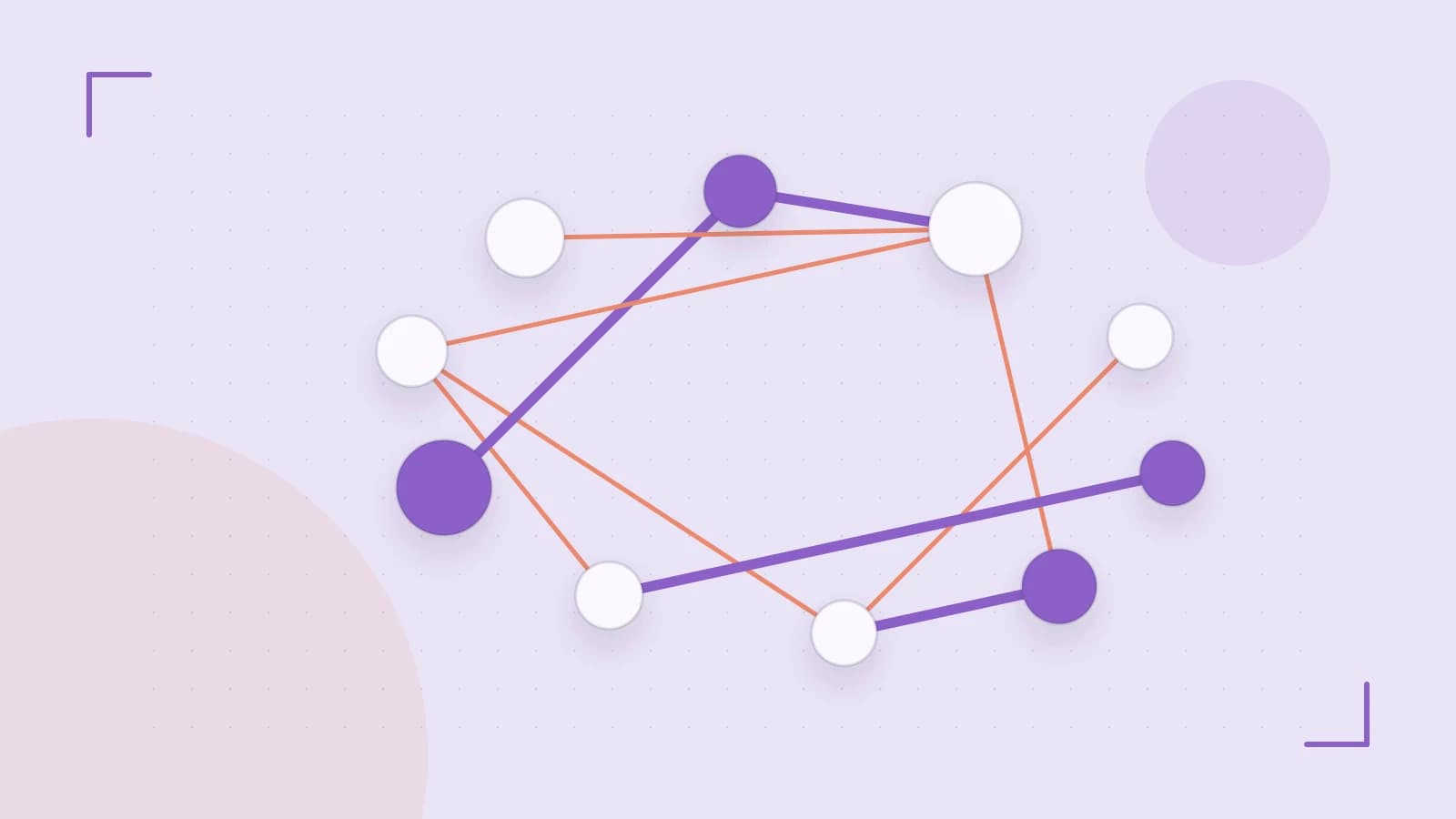 Editorial illustration of an algorithmic node graph with branching paths and a highlighted result