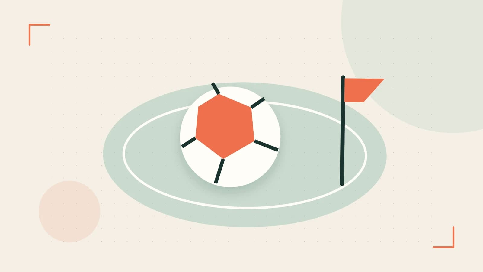 Editorial illustration of a stylized sports ball, stadium geometry and dynamic arcs
